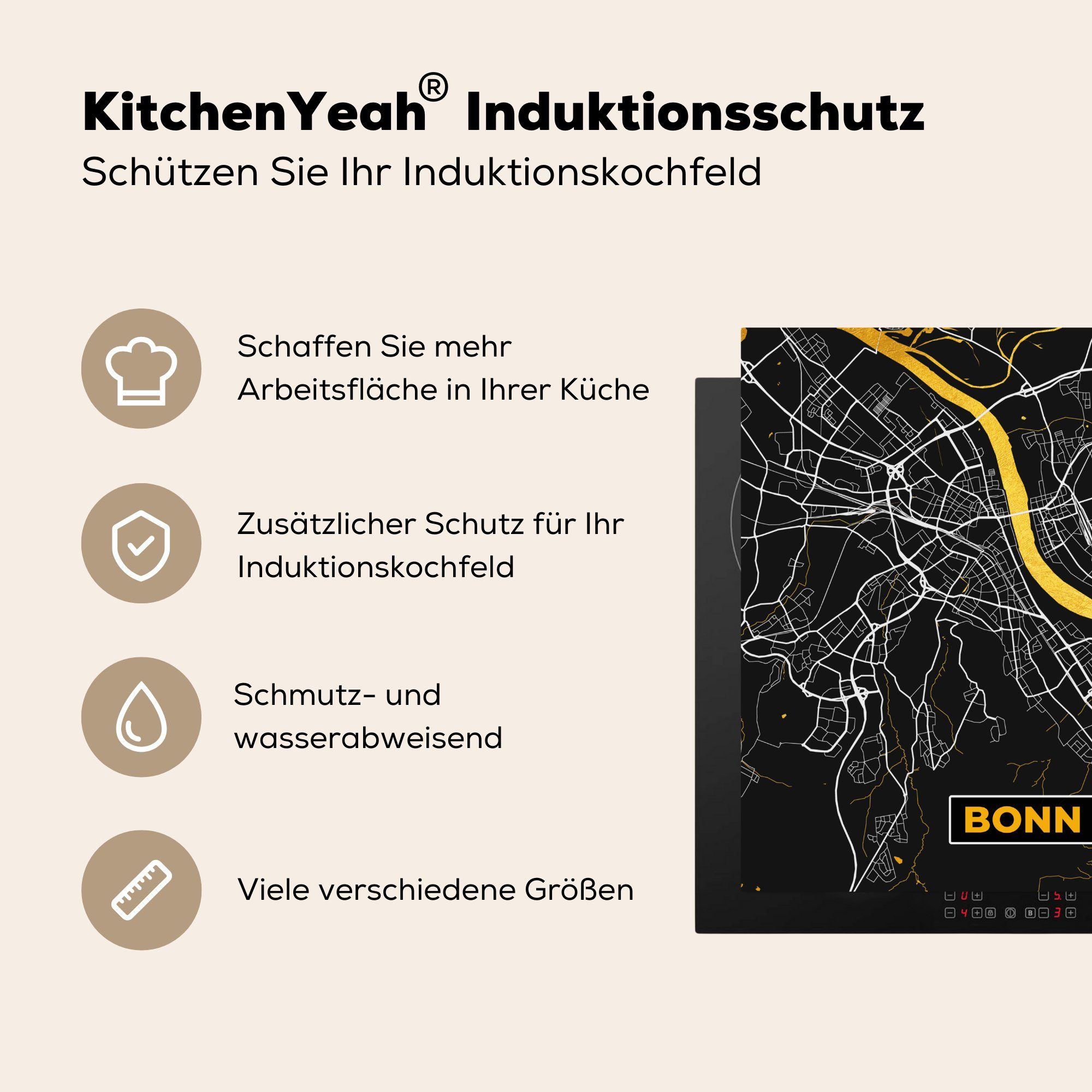 tlg), - Deutschland, Arbeitsplatte Herdblende-/Abdeckplatte Vinyl, cm, küche Gold für Karte Stadtplan - MuchoWow Bonn - - 78x78 Ceranfeldabdeckung, (1