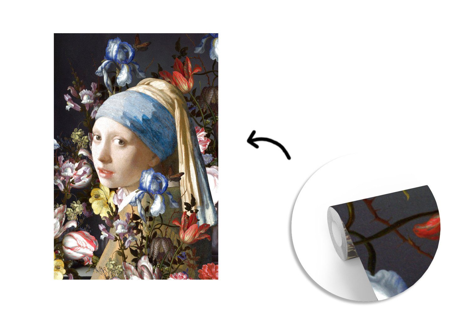 Mädchen Tapete Perlenohrring Fototapete mit Wandtapete - (3 für bedruckt, Montagefertig MuchoWow Vinyl Das - St), Blumen, Johannes Wohnzimmer, Vermeer dem Matt,