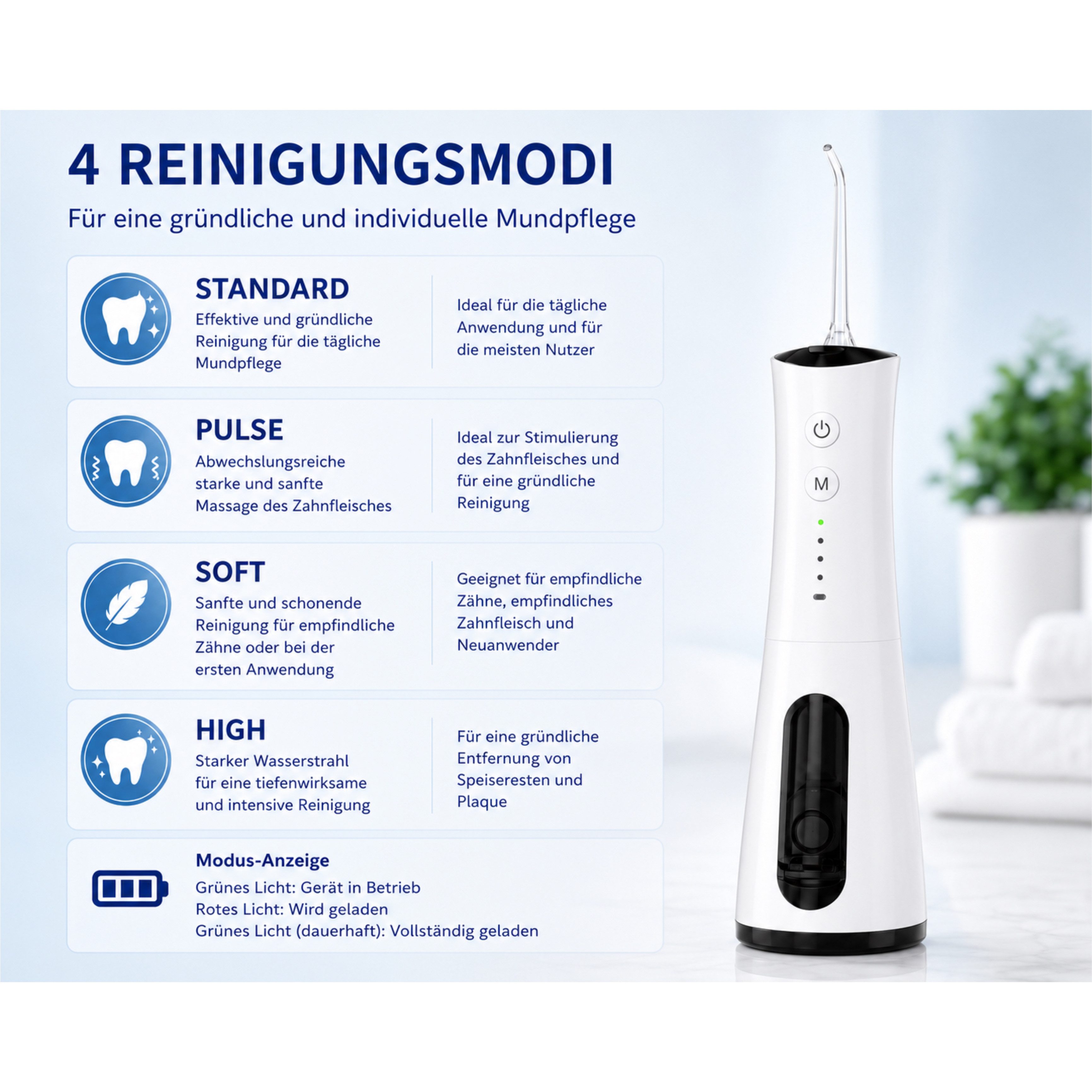 Lalano`S Cosmetics Munddusche AquaPulse Pro Kabelloser Premium Water Flosser mit 4 Modi & 5 Düsen, Aufsätze: 5 St., 360° rotierbare Düse für gründliche Mundpflege