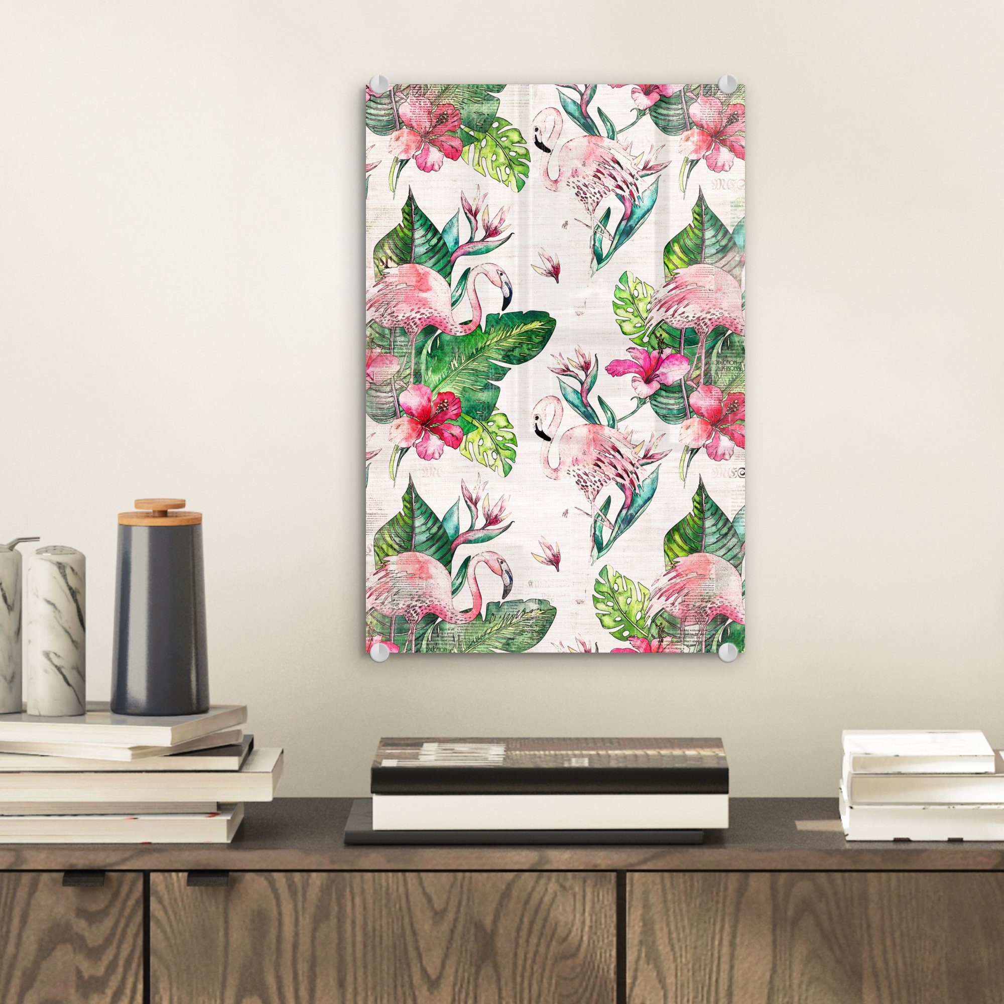 MuchoWow Acrylglasbild Rosa Wandbild - St), Foto Flamingo, Wanddekoration - Bilder - auf - Glasbilder Glas - (1 Glas auf Muster bunt