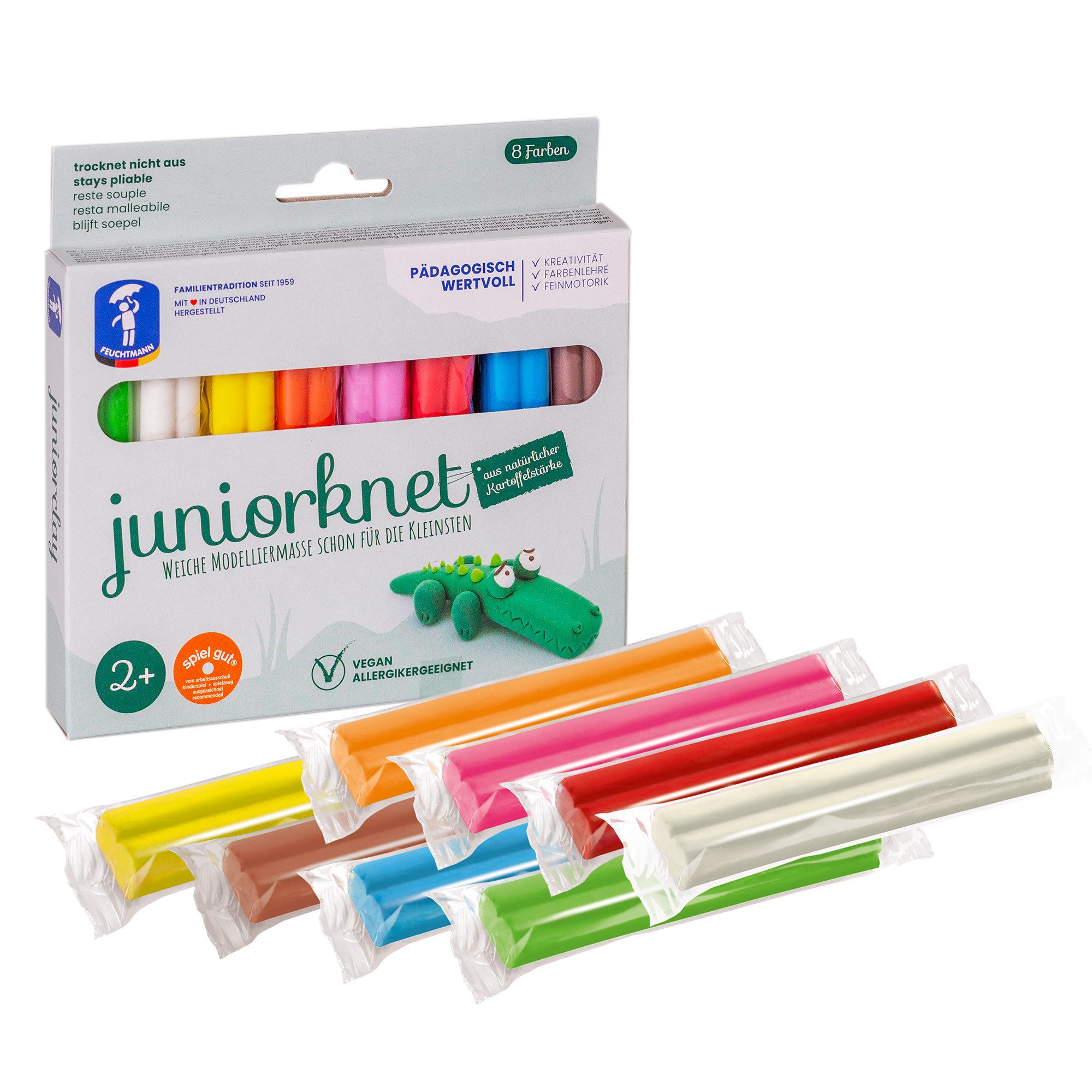 Feuchtmann Modelliermasse JUNiORKNET Basic (1-tlg), 8 x 33g vegane und glutenfreie Kinderknete nicht trocknend