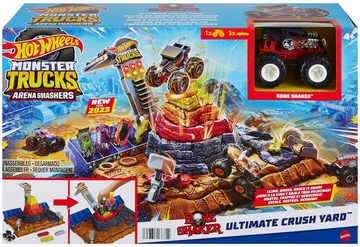 Hot Wheels Spiel-Parkhaus Monster Trucks Bone Shakers Schrottplatz, 1 Spielzeug-Auto 1:64