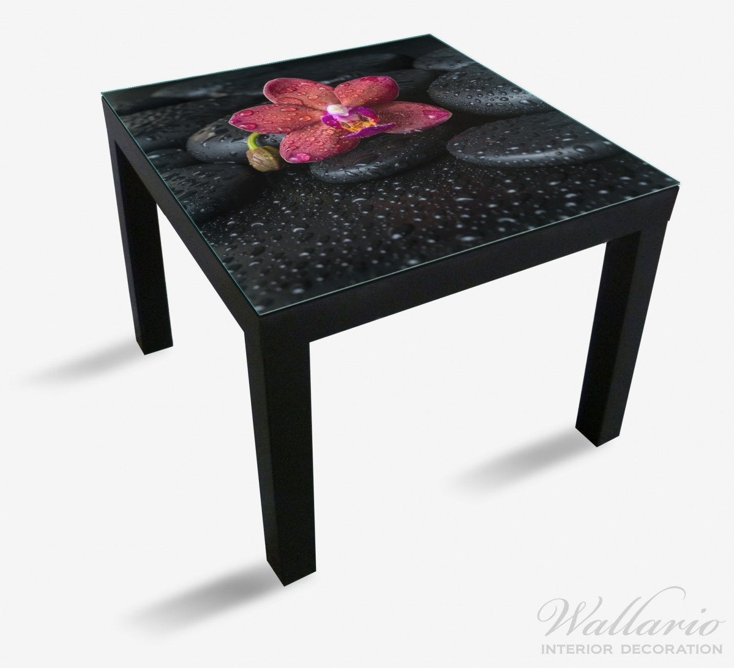für Ikea auf mit Steinen, Wasser-Tropfen benetzt Tischplatte St), geeignet Lack schwarzen Tisch (1 Wallario Orchideen-Blüte