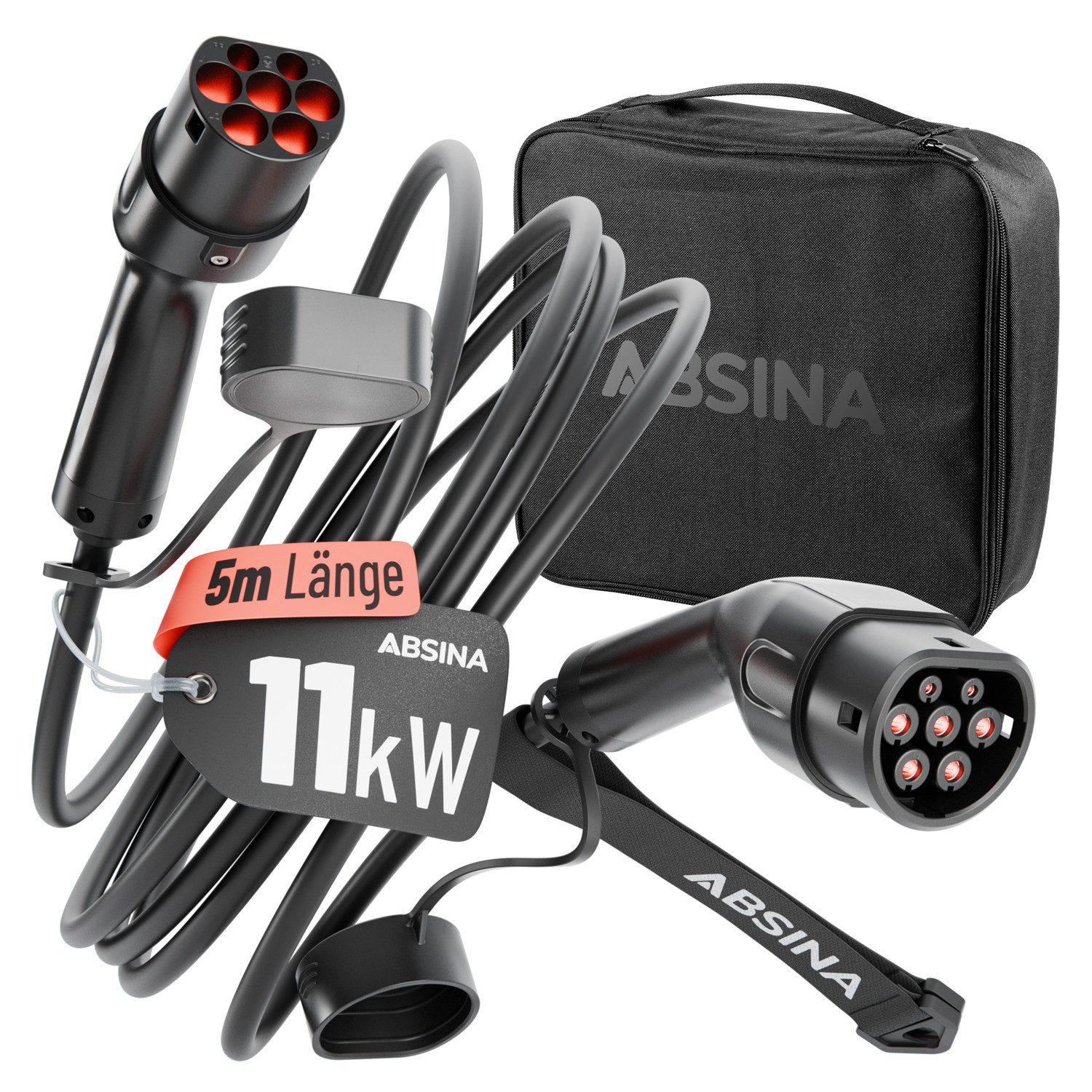 ABSINA Typ 2 Ladekabel 11kW 16A 5 Meter 3-phasig Mode 3 für E-Auto & Hybrid Elektroauto-Ladegerät (16000 mA, 1-tlg., 1 & 3 phasig, IP65 Zertifizierung, 10.000 Steckerzyklen)