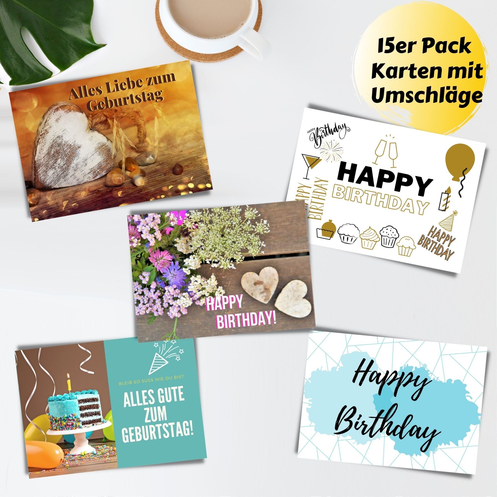 Geburtstag Domelo Kraftpapier Postkarten, Set, mit Karten 15er Birthday Umschlag, zum Geburtstagskarten Geburtstagskarte Set 15er Happy Grußkarten