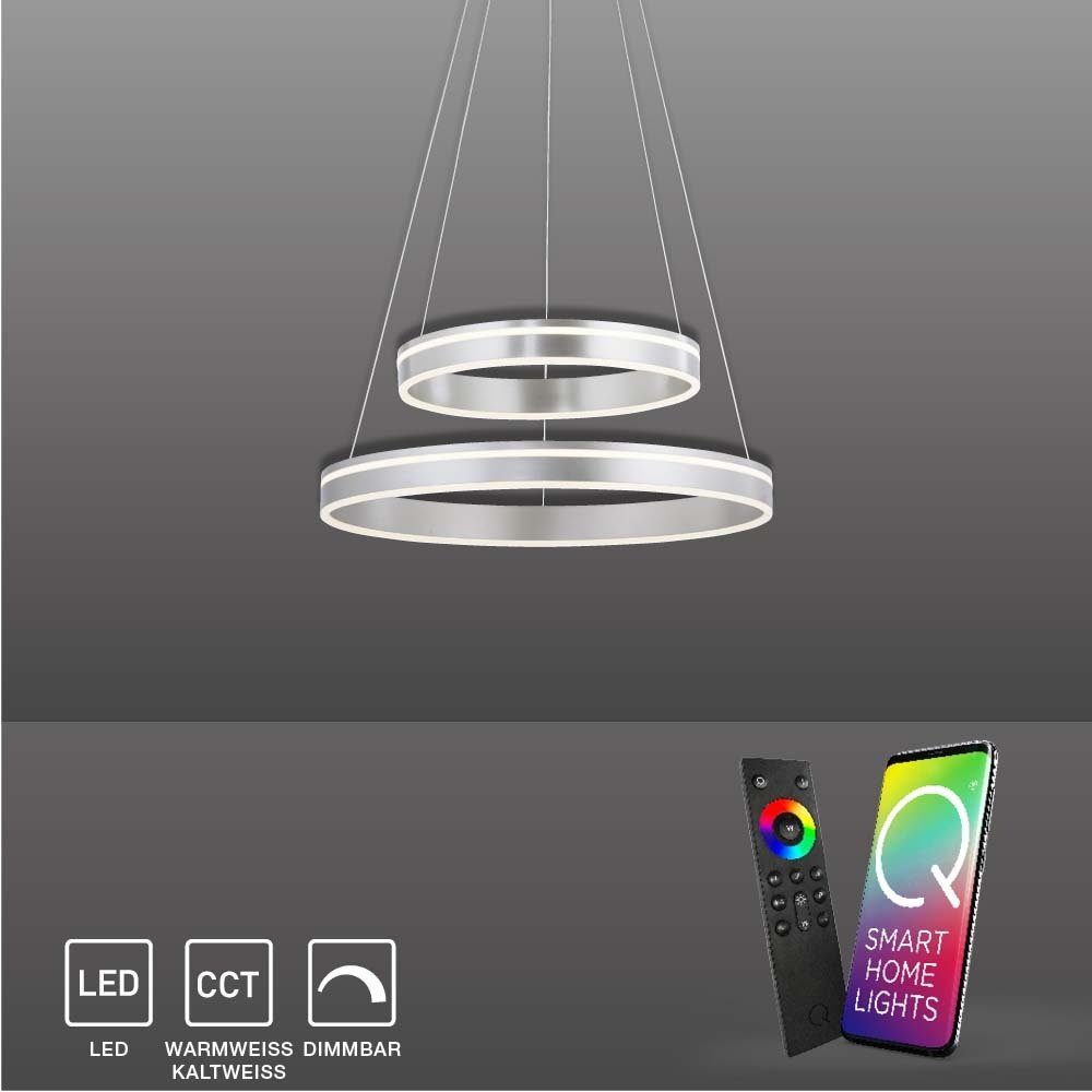 Paul Neuhaus Smarte LED-Leuchte LED Pendellampe Smart Home Q VITO, Smart Home, RGB+W-Farbregelung, Dimmfunktion, Memoryfunktion, mit Leuchtmittel, messing matt rund doppel Ring Fernbedienung silber