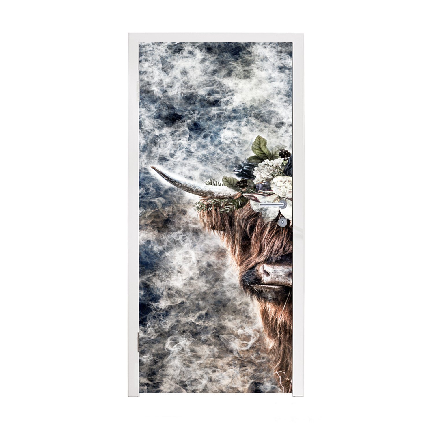 MuchoWow Türtapete Schottischer Highlander - Rauch - Bouquet, Matt, bedruckt, (1 St), Fototapete für Tür, Türaufkleber, 75x205 cm