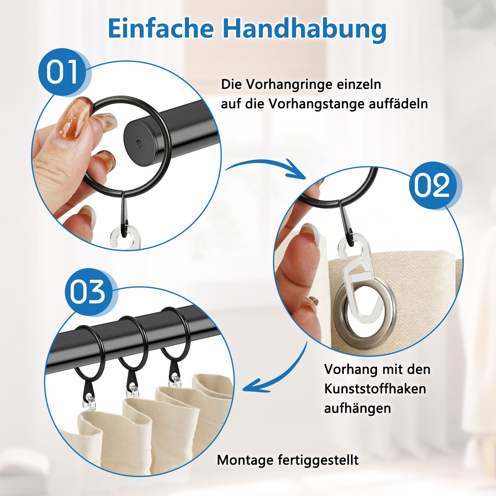 OSTWOLKE Gardinenring 50 Stück Metall Vorhangringe + 60 Kunststoff Haken für Gardinenstangen – Bild 5 von 5