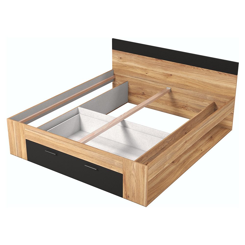 Lomadox Bettgestell BIRMINGHAM-83, mit Bettschublade, 160x200 cm, Eiche mit schwarz