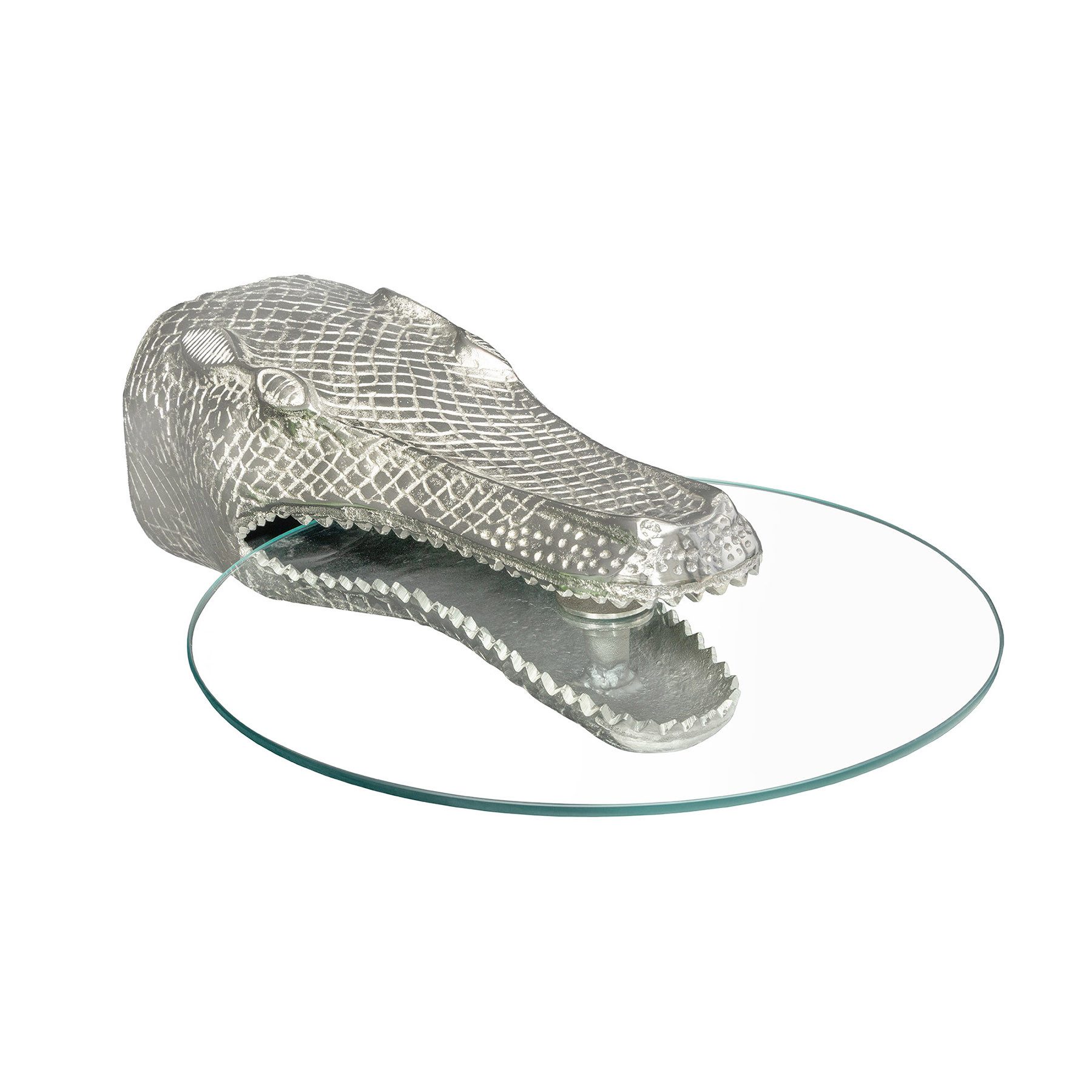 riess-ambiente Beistelltisch WILDLIFE CROCODILE 60cm silber – Krokodil-Hängetisch mit Glasplatte (Einzelartikel, 1-St), Skulptur aus Metall, Statement Piece, Design-Highlight