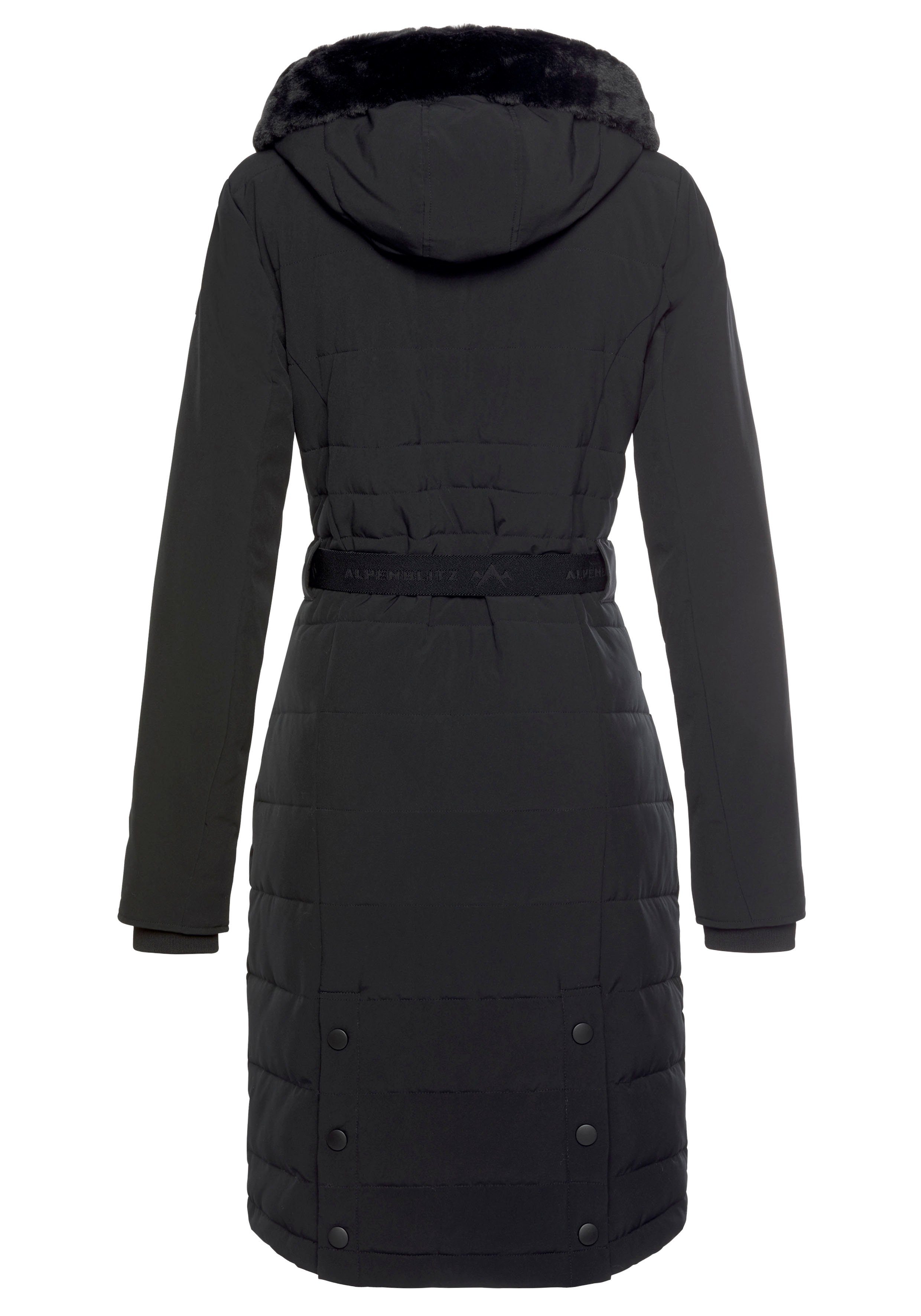 black Gürtel ALPENBLITZ Oslo nachhaltigem & Steppmantel long aus auf (Jacke abnehmbarer Kuschel-Kapuze dem Markenprägung Material) Mantel mit