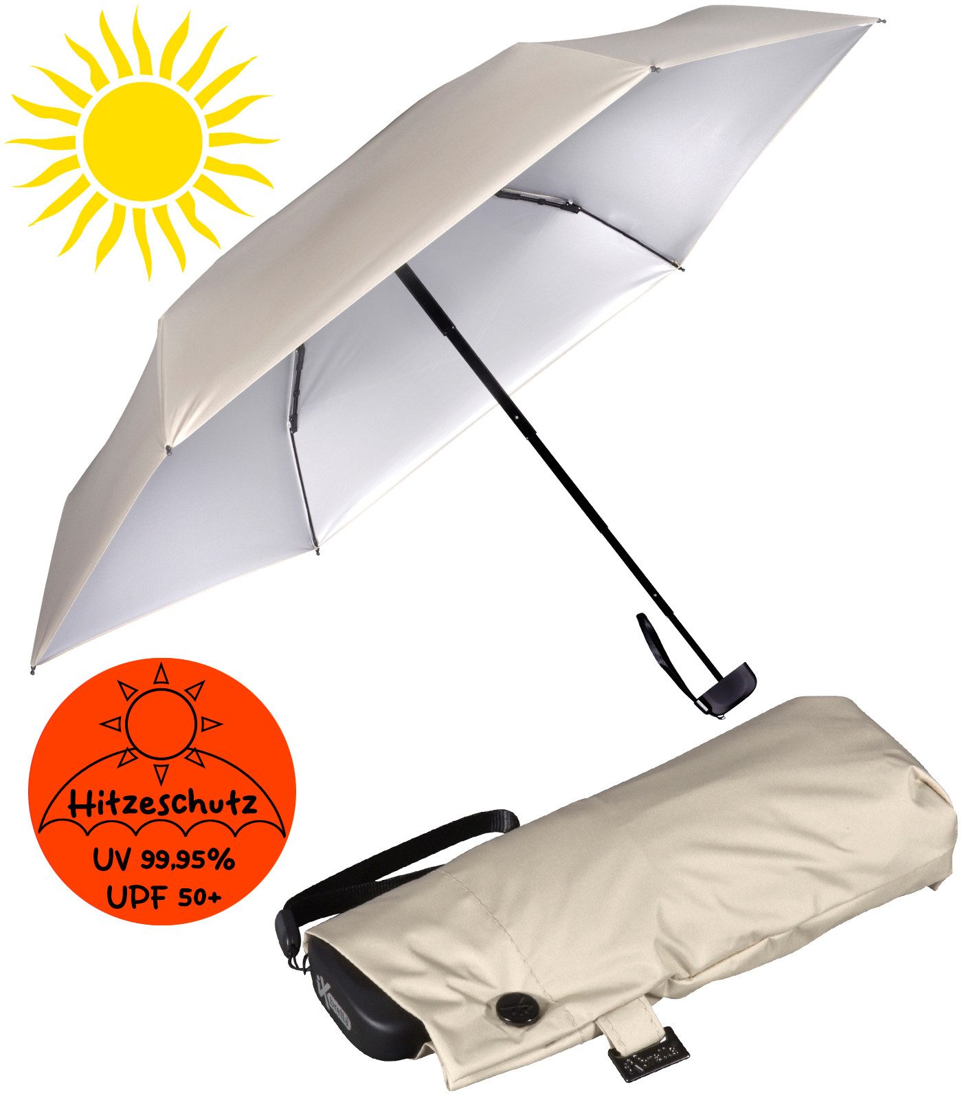 iX-brella Taschenregenschirm Sonnen-Regenschirm mit UPF 50+, UV-Hitze-Schutz, winzig klein, mit Handöffner, innen silber