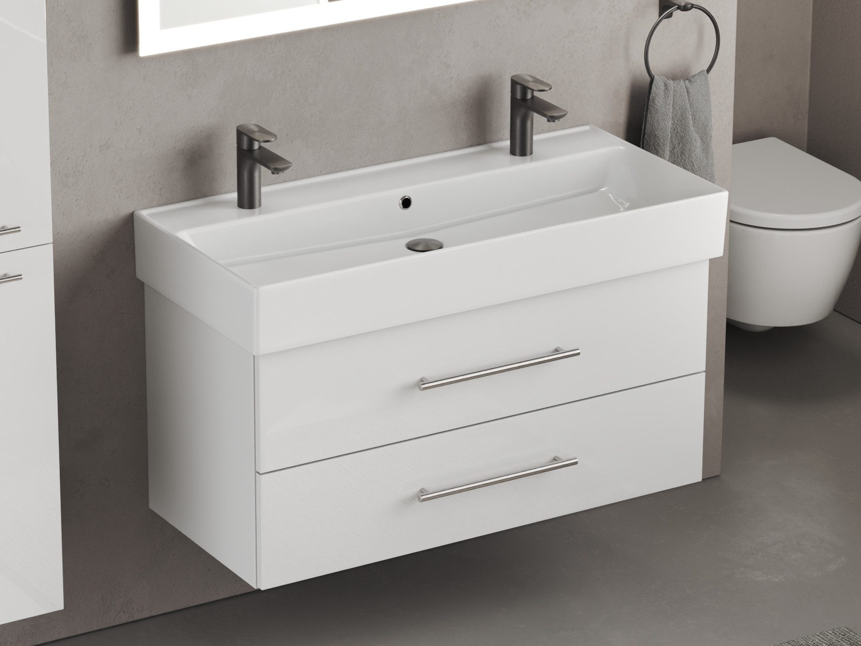 Aqua Bagno Badmöbel-Set Aqua Bagno Flex Badmöbel 100 cm Weiß Hochglanz mit Keramikwaschbecken, (vormontiert, 2-St., Badmöbelschrank lackiert, Keramikwaschbecken)