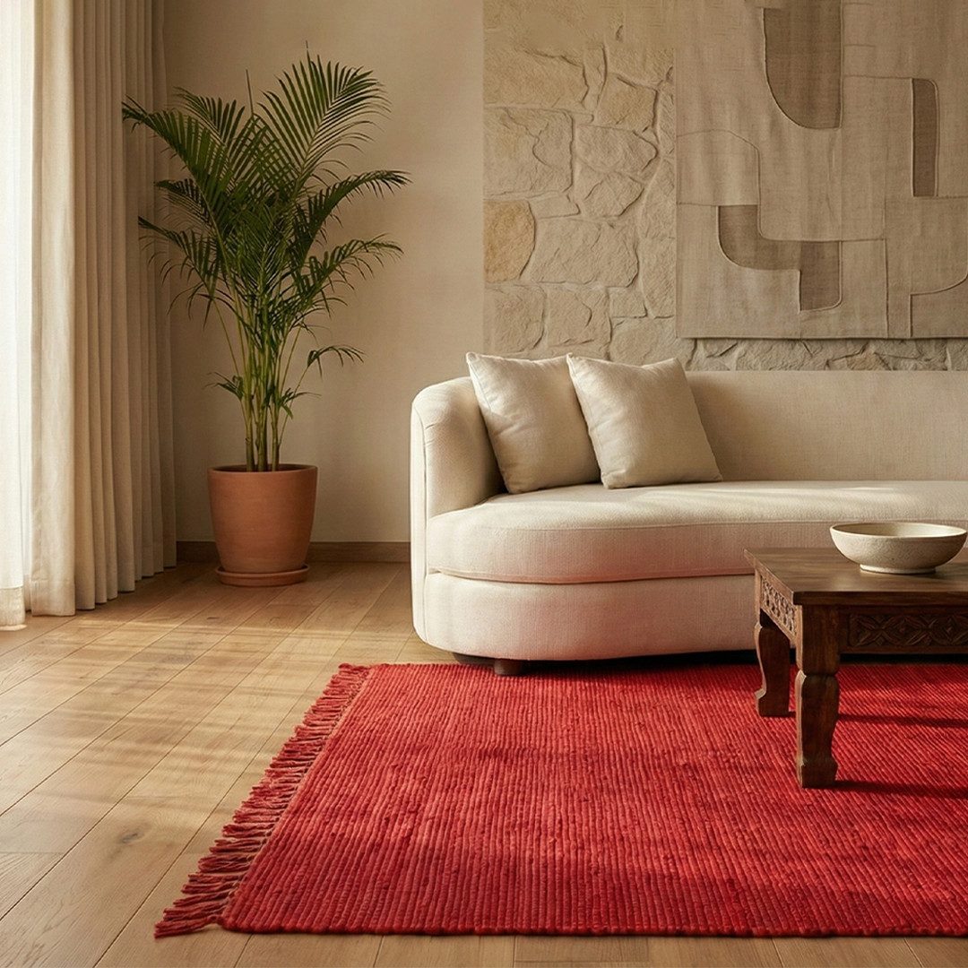 Elegant Floors Teppich Elegant Floors® Chindi Teppich ROT 70x140 cm handgewebt aus Baumwolle, Höhe: 9 mm