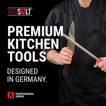 REDSALT® Wetzstahl Premium Wetzstahl ovaler Microfein Saphirzug für hochwertige Messer, Made in Solingen, HRC 65, Ergonomischer Griff, Ovaler Form, Laser Logo