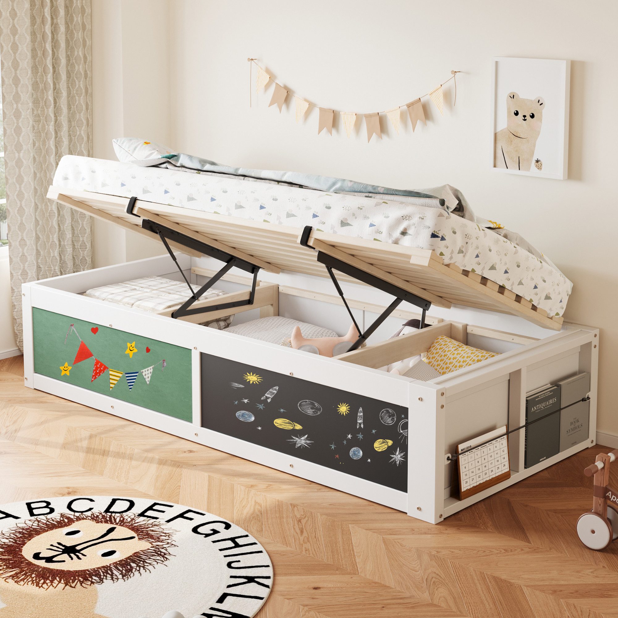 Merax Kinderbett 90×200cm mit hydraulischem Stauraum (1-tlg), Einzelbett mit Kreativtafel und Bücherregal, Jugendbett in Weiß/Grau