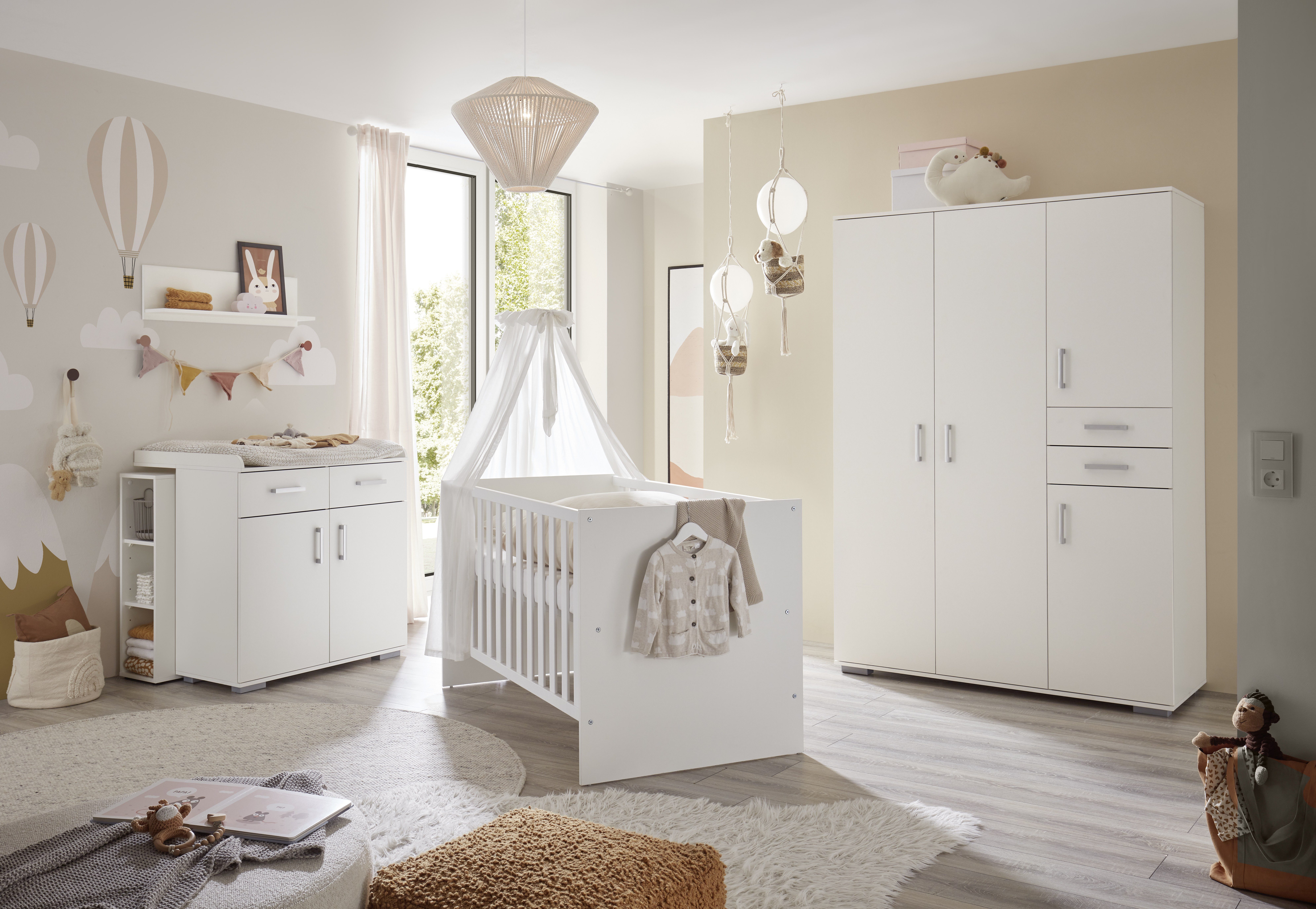 Storado Babymöbel-Set Sienna 7-teilig 70×140cm, Kinderzimmer-Set, Farbe wählbar, Mitwachsendes Babybett, Wickelkommode und geräumiger Schrank
