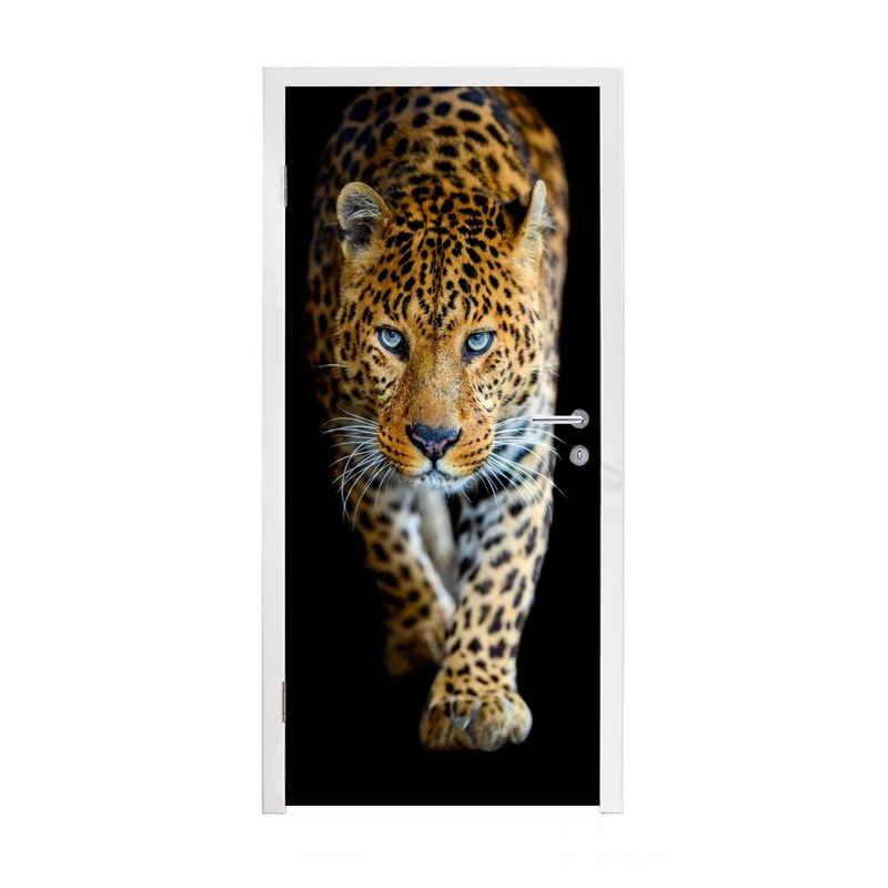 MuchoWow Türtapete »Leopard - Tiere - Porträt - Wildtiere - Schwarz«, bedruckt, (1 St), Selbstklebende Türfolie Türposter Türaufkleber Klebefolie Türklebefolie