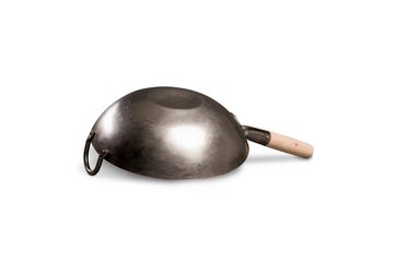 pasoli Wok traditionell handgehämmerter Carbonstahl-Wok mit flachem Boden, Karbon-Stahl, flacher Boden, traditionell handgehämmert, 30cm Durchmesser, Holzgriff, natürliche Antihaftschicht