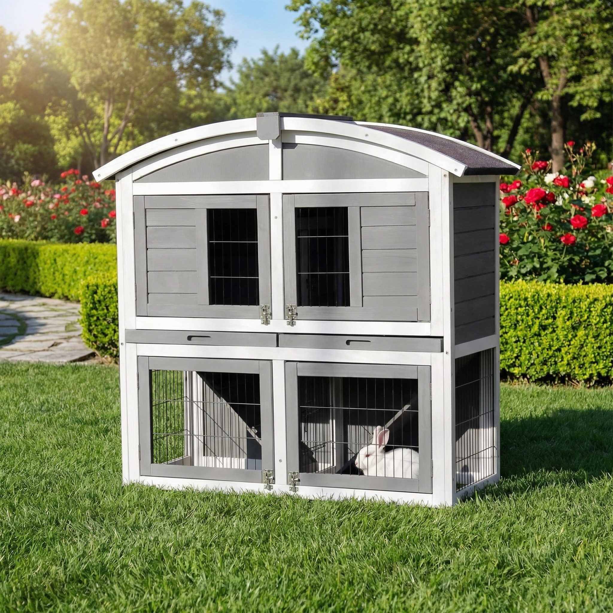 My Animal Kleintierstall XXL Hasenstall MH-33 - 2 Etagen - Wetterbeständig, Doppelstockhaus, Ebenen und mittig trennbar, Kaninchenstall Käfig