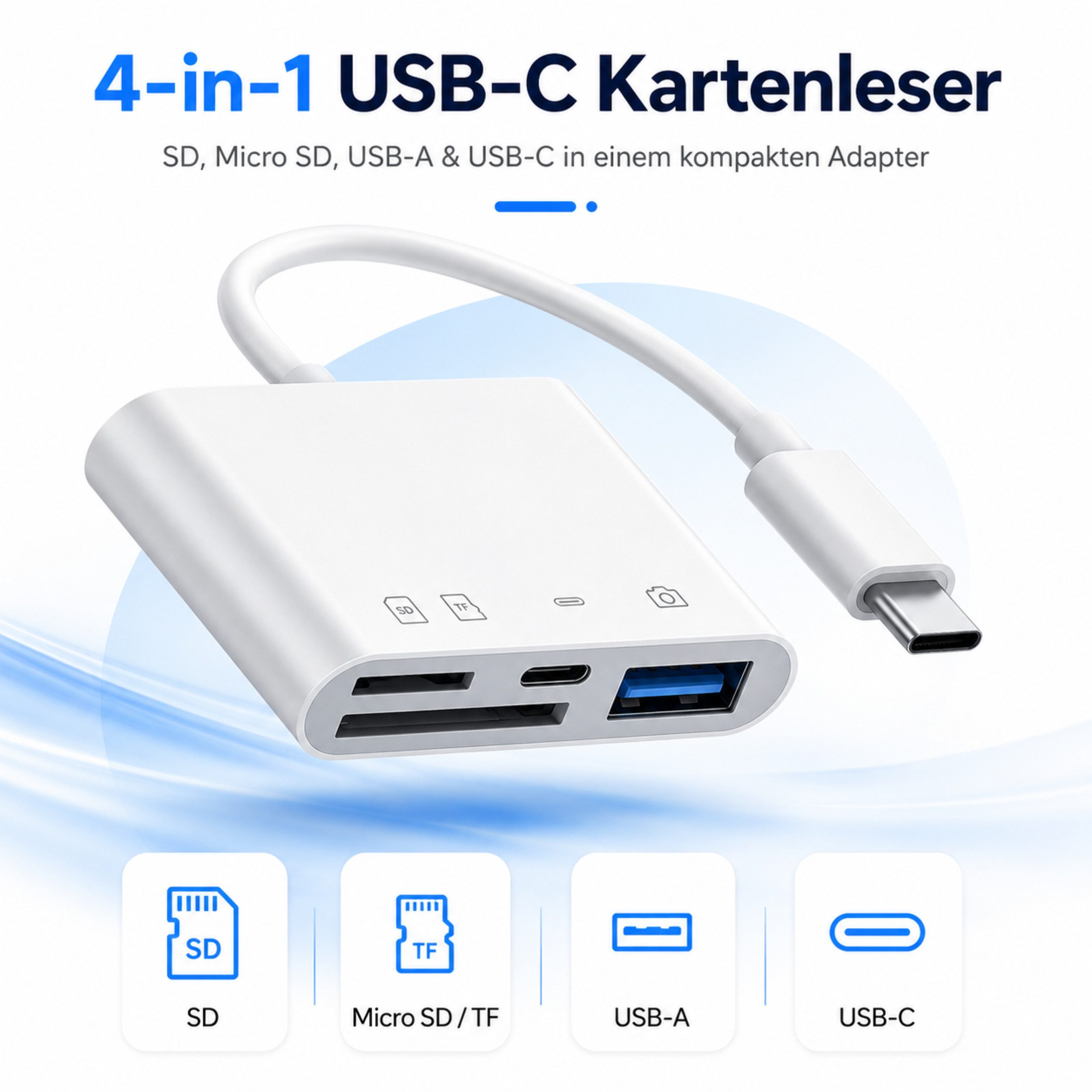 PlugUp Speicherkartenleser SD-Kartenleser 4 in 1 Speicherkartenleser SD- & microSD Card Reader, 4in1 Adapter mit SD, microSD, USB 3.0 und USB-C