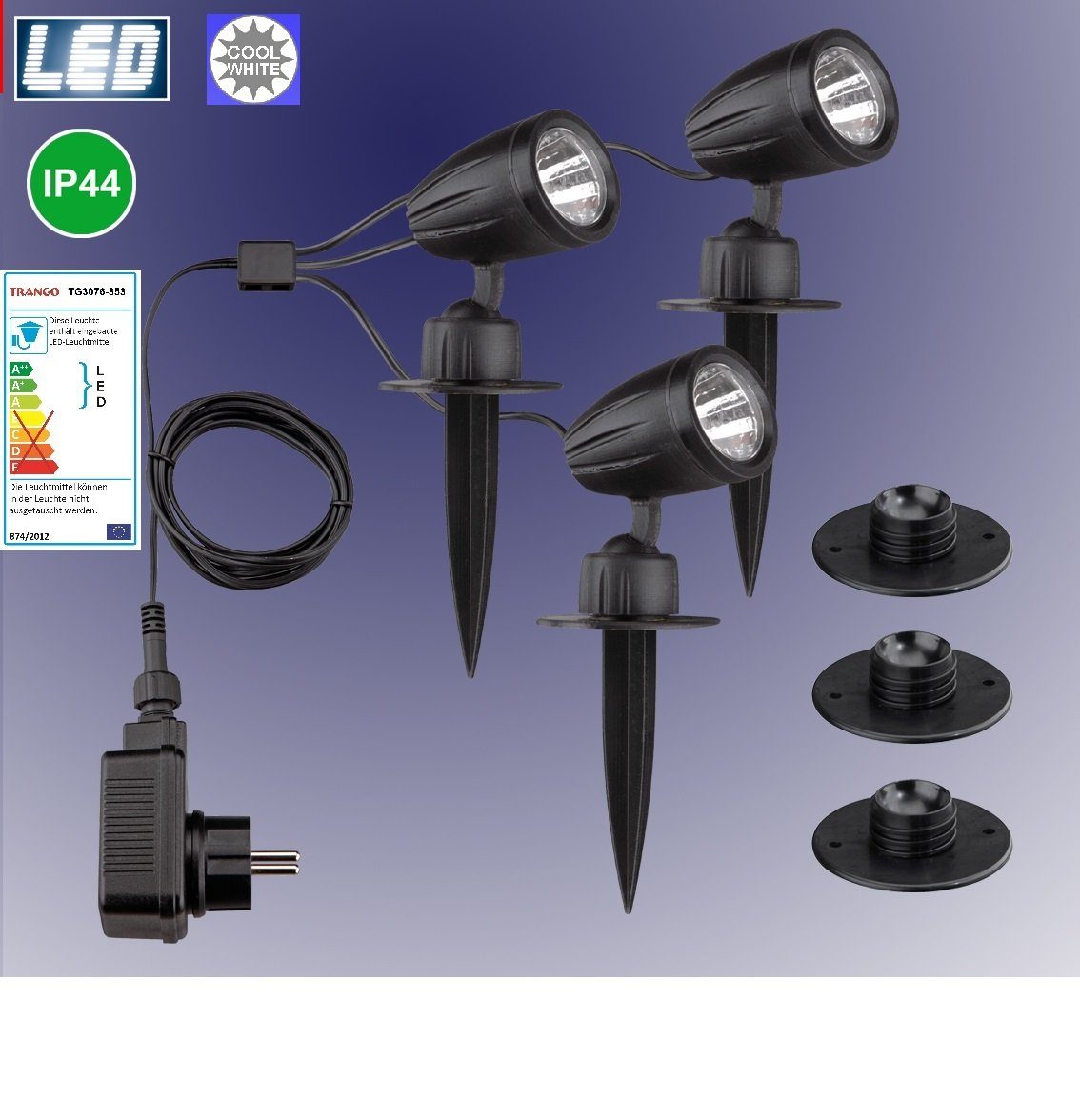 TRANGO LED Gartenstrahler, 3-flammig 3076-356 IP44 LED Gartenstrahler mit Timerfunktion *JOE* Außenleuchte inkl. 3x LED Modul Leuchtmittel 6000K Tageslichtweiß & Zuleitungskabel, Teichlampe, Gartenleuchte, Wegbeleuchtung, Wandleuchte