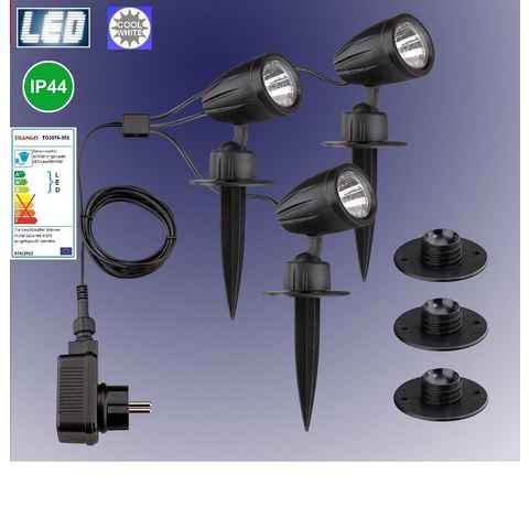 TRANGO LED Gartenstrahler, 3-flammig 3076-356 IP44 LED Gartenstrahler mit Timerfunktion *JOE* Außenleuchte inkl. 3x LED Modul Leuchtmittel 6000K Tageslichtweiß & Zuleitungskabel, Teichlampe, Gartenleuchte, Wegbeleuchtung, Wandleuchte