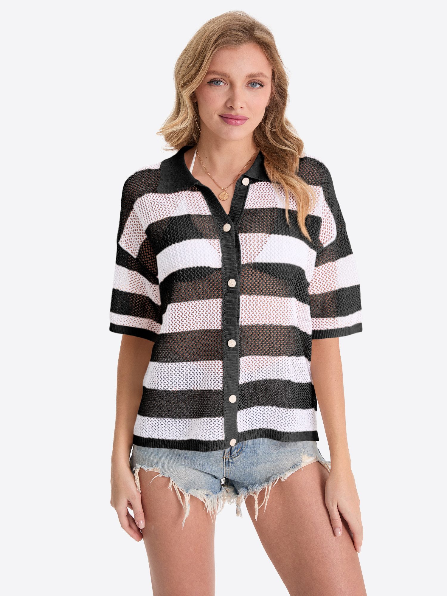 Imily Bela Strickjacke Damen gestreifter Kurzarm-Cardigan (Packung, 1-tlg., 1per-Pack) Reverskragen