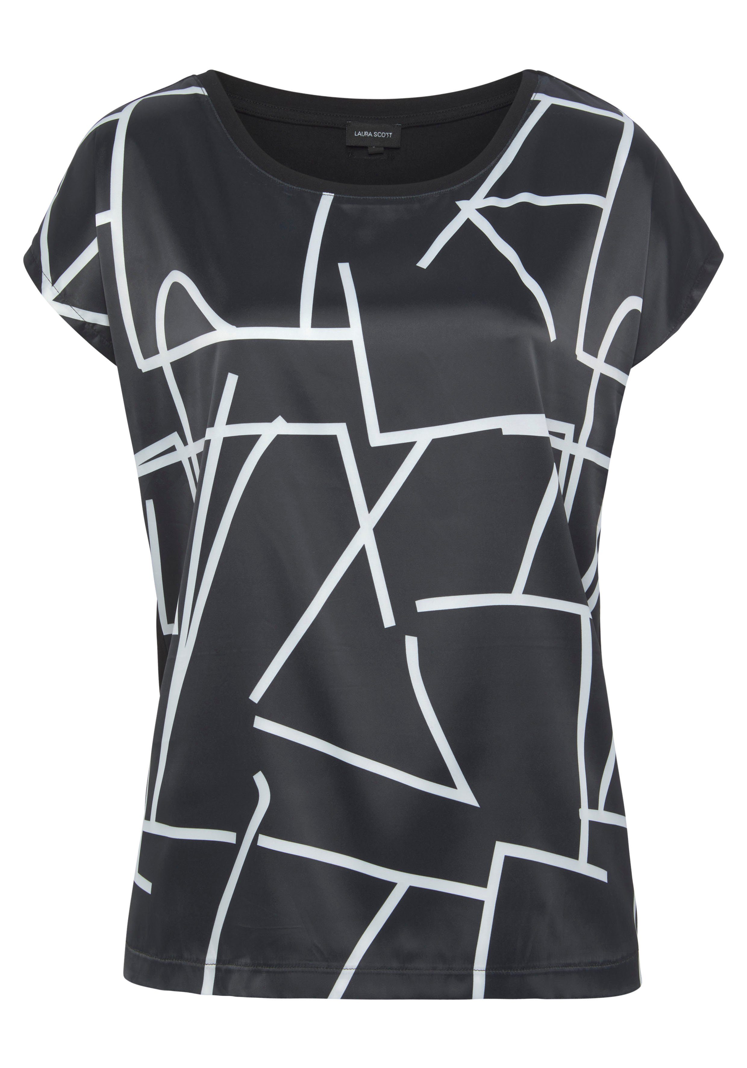 Laura Scott glänzendem Shirtbluse Satin schwarz-weiß-gemustert aus