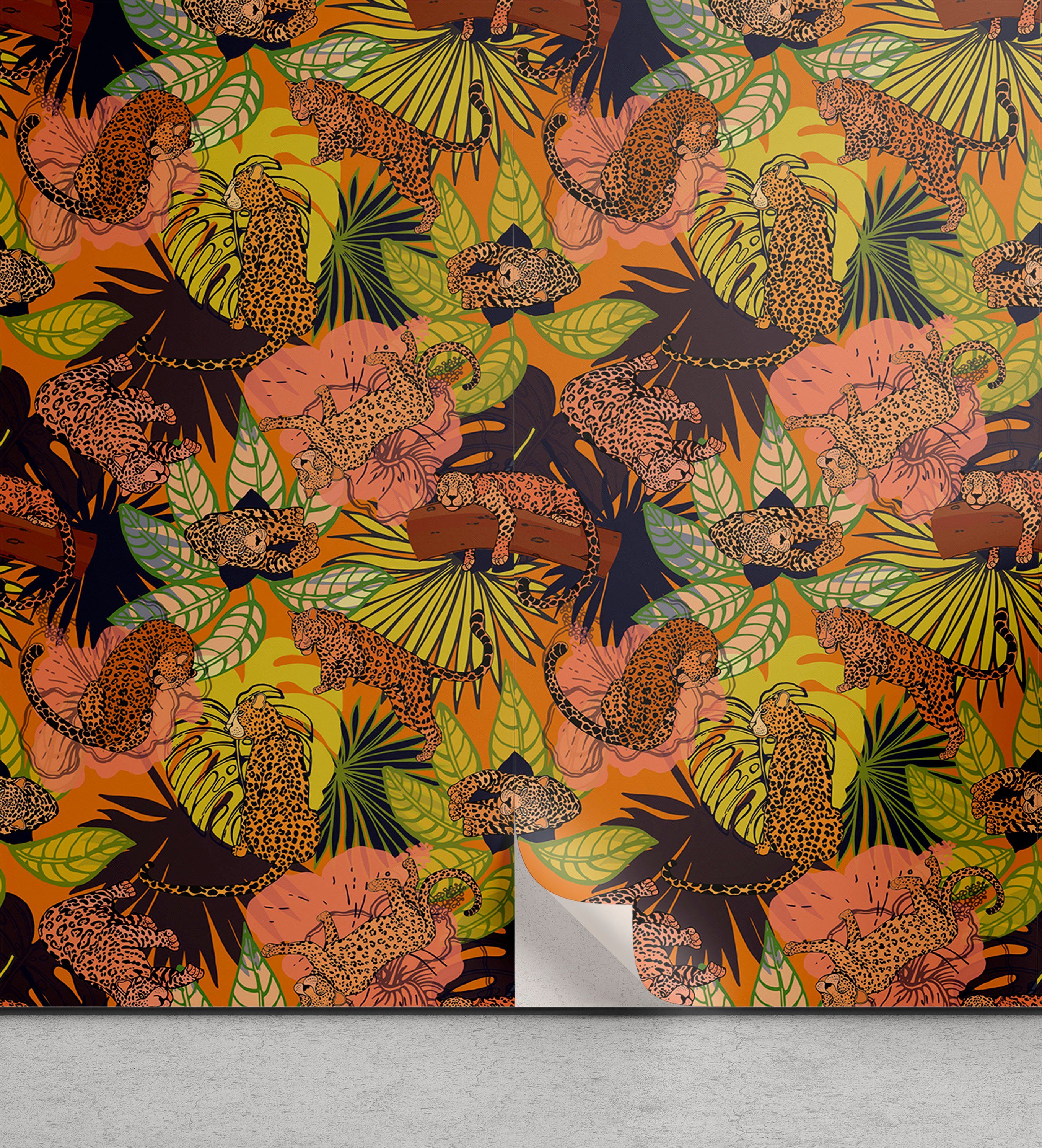 Abakuhaus Vinyltapete selbstklebendes Wohnzimmer Küchenakzent, Dschungel Exotische Pflanzen und Leoparden