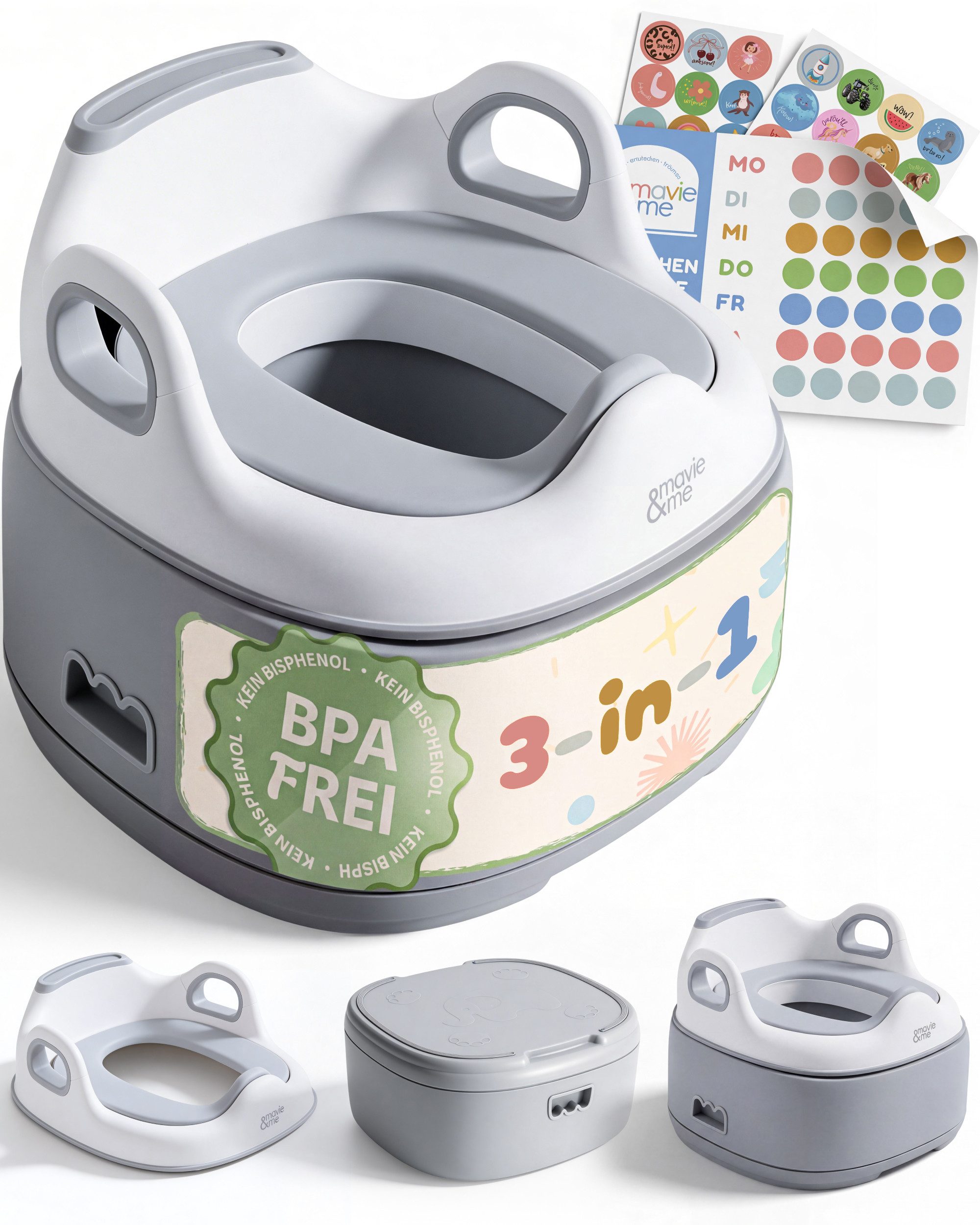 mavie & me Töpfchen Töpfchen 3-in-1 mit Toilettensitz & Tritthocker bis 60 kg, (herausnehmbarer Innentopf – BPA frei, 3-tlg), Töpfchentraining Set für Kleinkinder