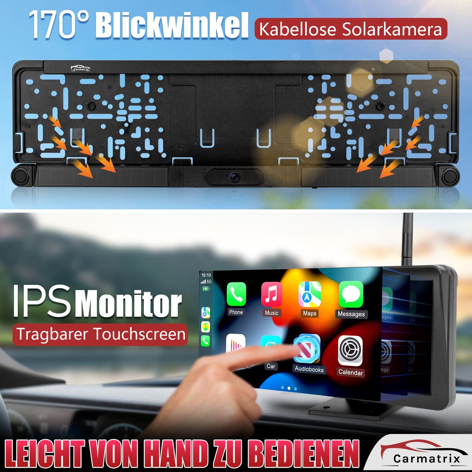 CARMATRIX SC43U HD Solar Rückfahrsystem CarPlay, Android mit PDC Einparkhilfe Rückfahrkamera (HD Solar Funk Rückfahrsystem Nummernschild mit CarPlay Android Aut – Bild 3 von 5