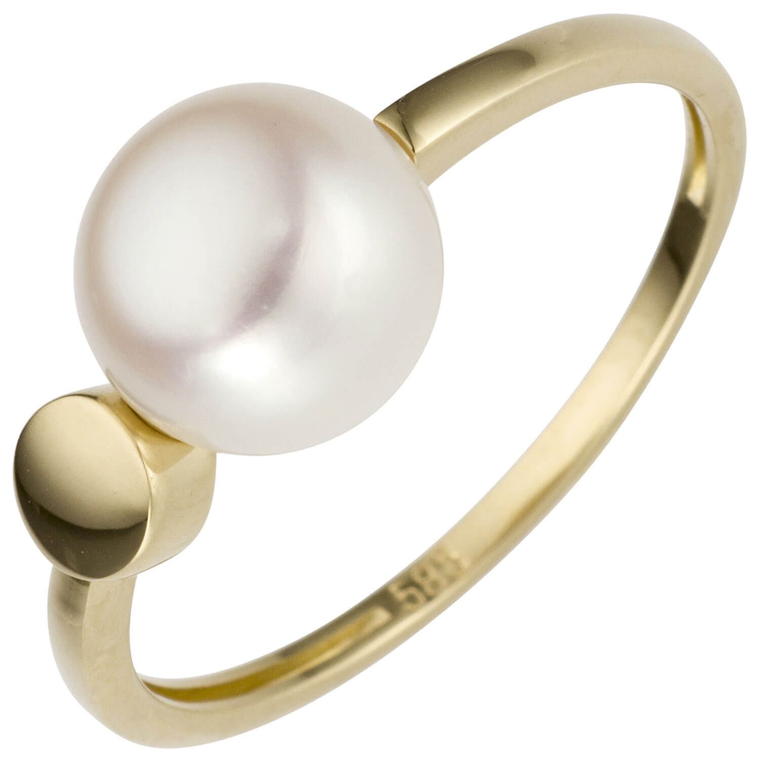 Schmuck Krone Silberring Ring aus 585 Gelbgold mit Süßwasser Perle weiß, Gold 585