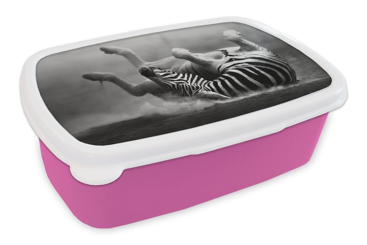 MuchoWow Lunchbox Zebra - Tiere - Schwarz - Weiß, Kunststoff, (2-tlg), Brotbox für Erwachsene, Brotdose Kinder, Snackbox, Mädchen, Kunststoff rosa
