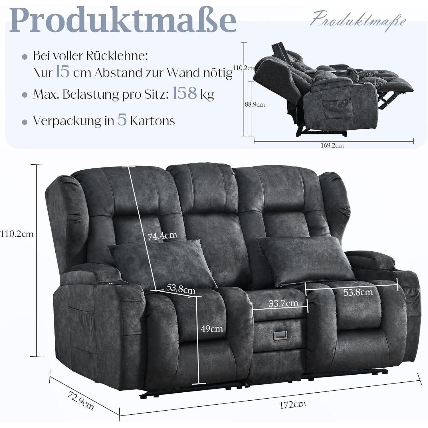 LuxusKollektion TV-Sessel Relaxsessel 2 Sitzer Fernsehsessel Grau (Samtstoff) 172cm Zweisitzer