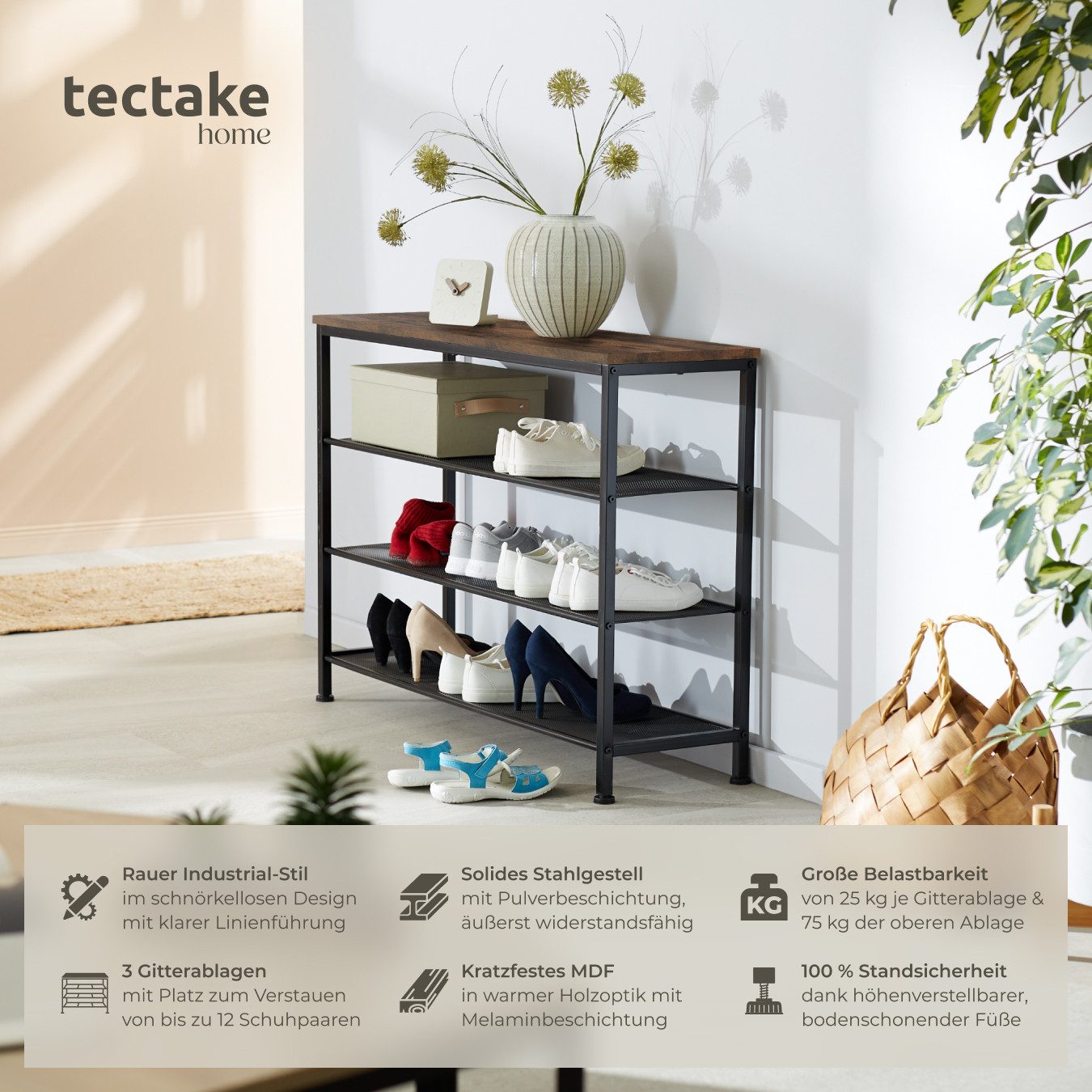 tectake Schuhregal Flurregal aus Holz und Stahl, 100 x 30,5 x 72,5 cm, Schuhablage mit Gitterablagen Portsmouth 1-tlg., Ablage und 3 Gitterablagen, mit höhenverstellbaren Kunststofffüßen