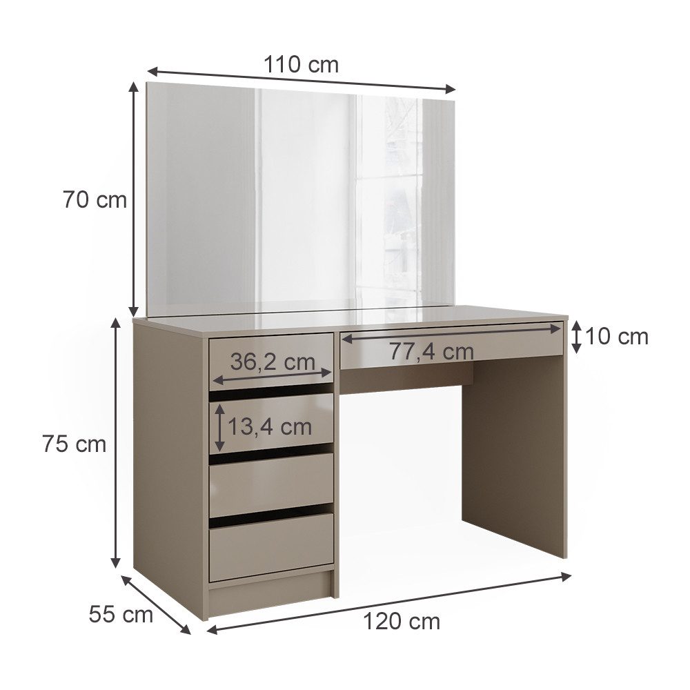 Vicco Schminktisch Sherry, Greige, 120 cm mit Spiegel (2-St)