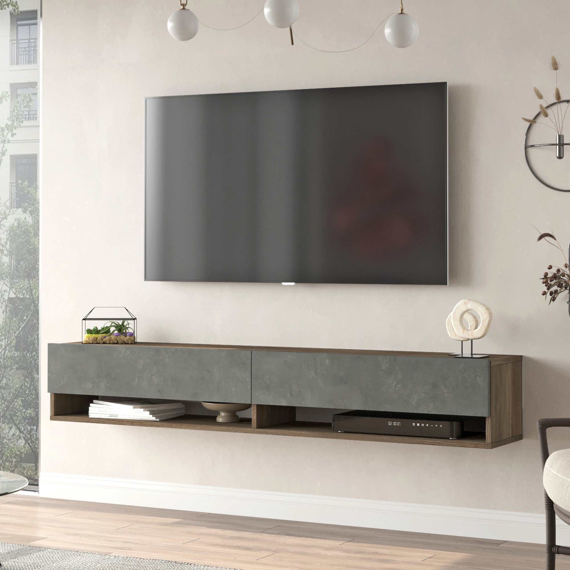 Hängeboard Eiche »Laitila« 180x31,5x29,5cm TV-Schrank dunkel/Betonoptik en.casa TV