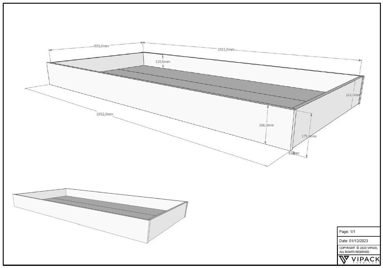 Vipack Bettschubkasten (Made in Europe), mit Rollenführung, 90x90cm, auch als Stauraum nutzbar, Eiche geölt