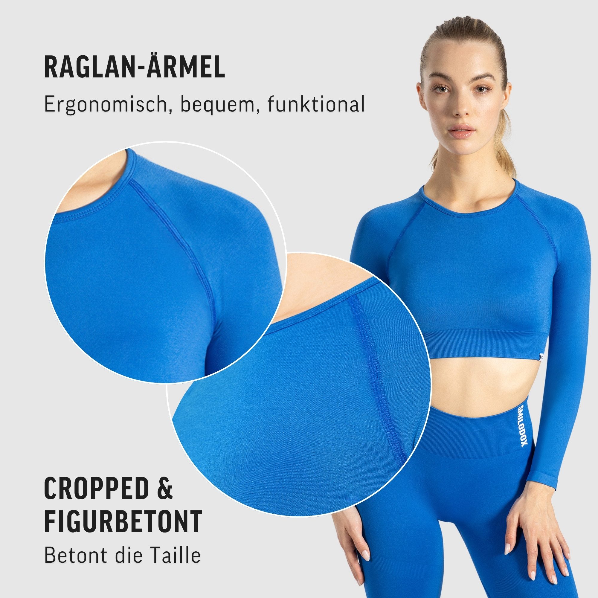 Smilodox Longsleeve Maysa, Crop Shirt Langarmshirt Shaped Fit Gym, Yoga & Alltag atmungsaktiv, blickdicht, Raglan Design, Sicherer Halt