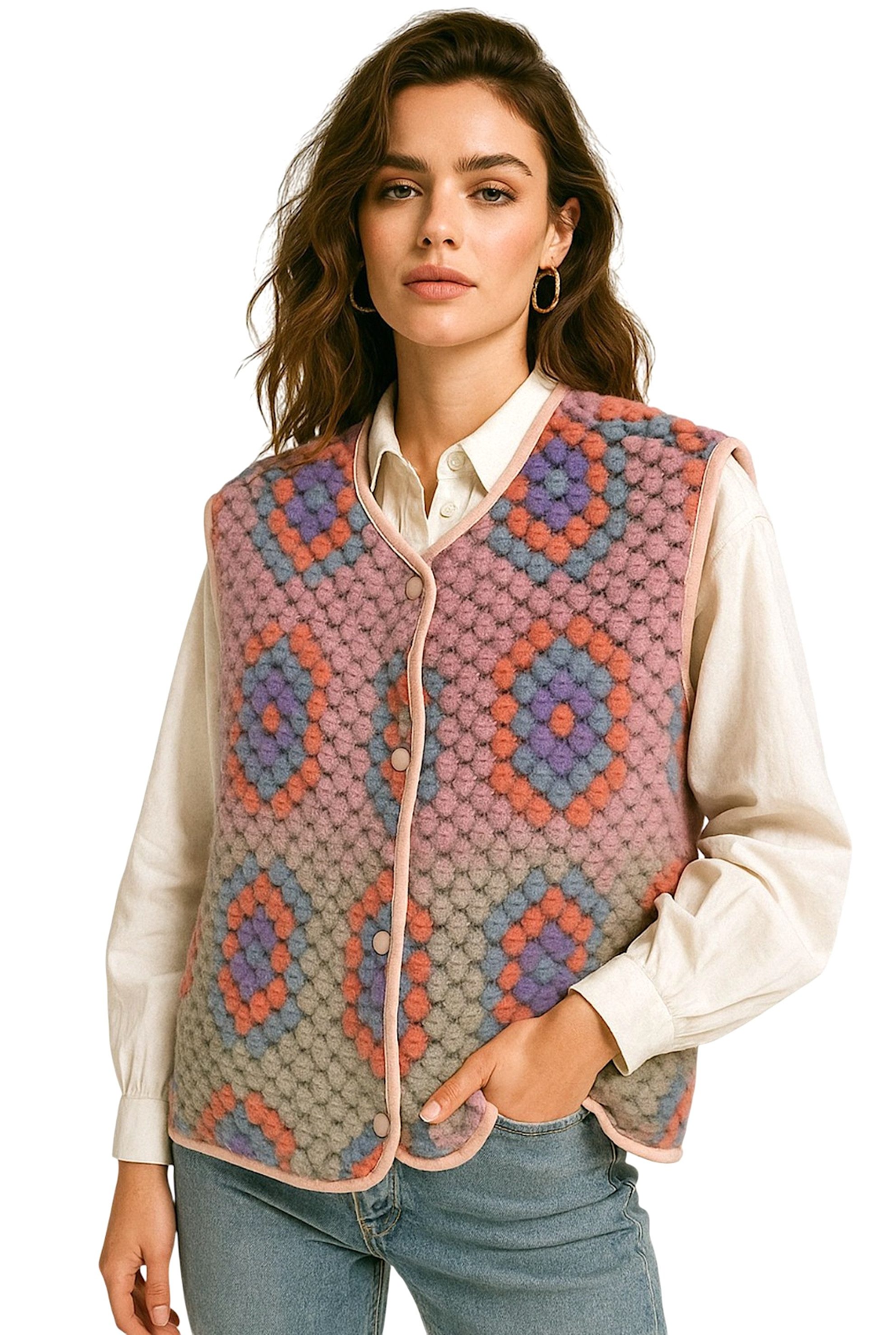 Worldclassca Fellimitatweste Worldclassca Teddy Weste Retro Mandala Optik Kuschelig Ärmellos Neue Kollektion - Stilvolle und gemütliche Mode für Damen