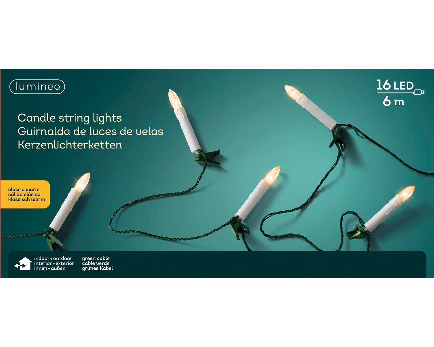 LED-Lichterkette Lumineo Kerzen-Lichterkette 16 LED 6 m klassisch warm, grünes Kabel