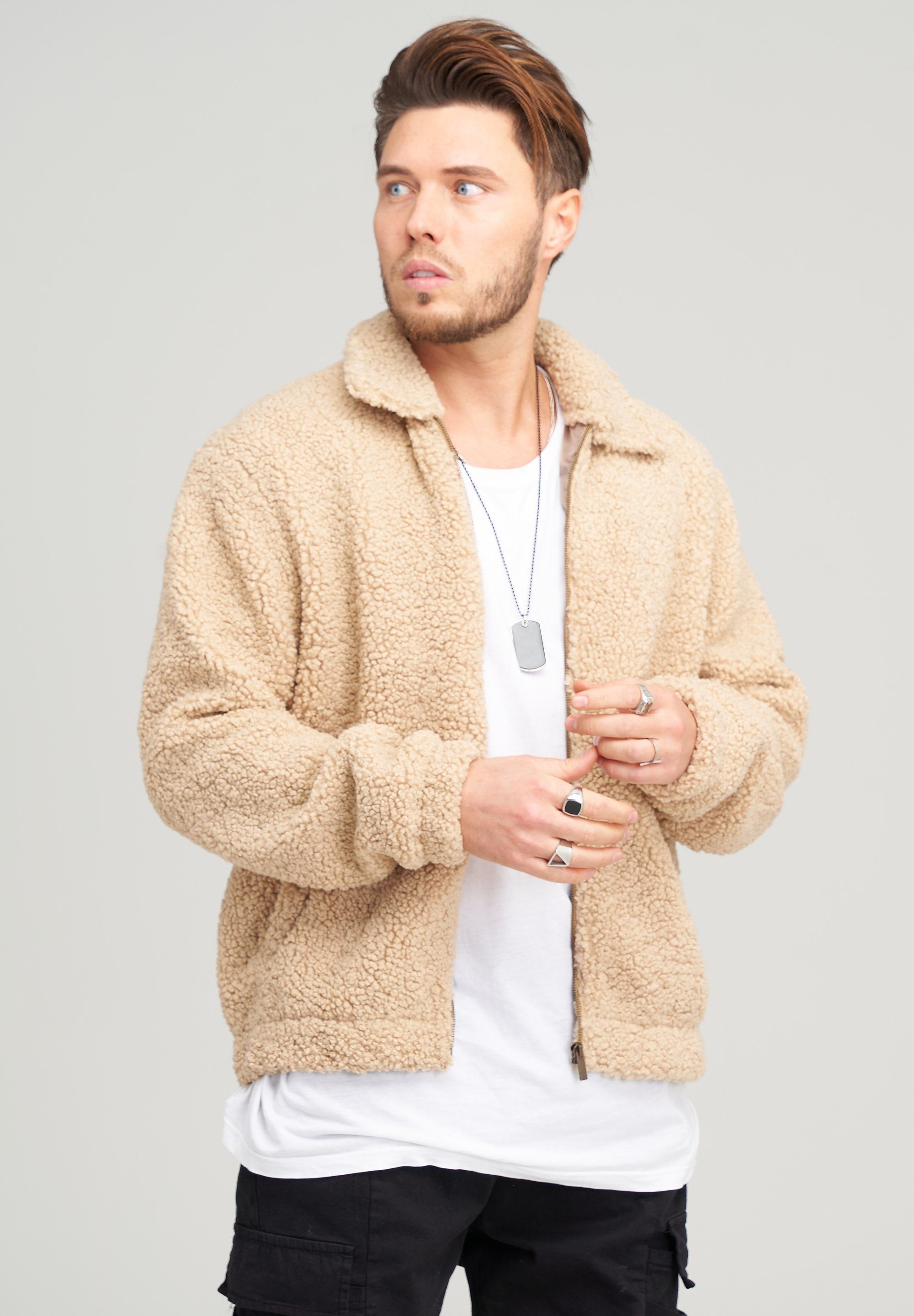 aus Fleecejacke Teddyfleece weichem behype beige Bomber