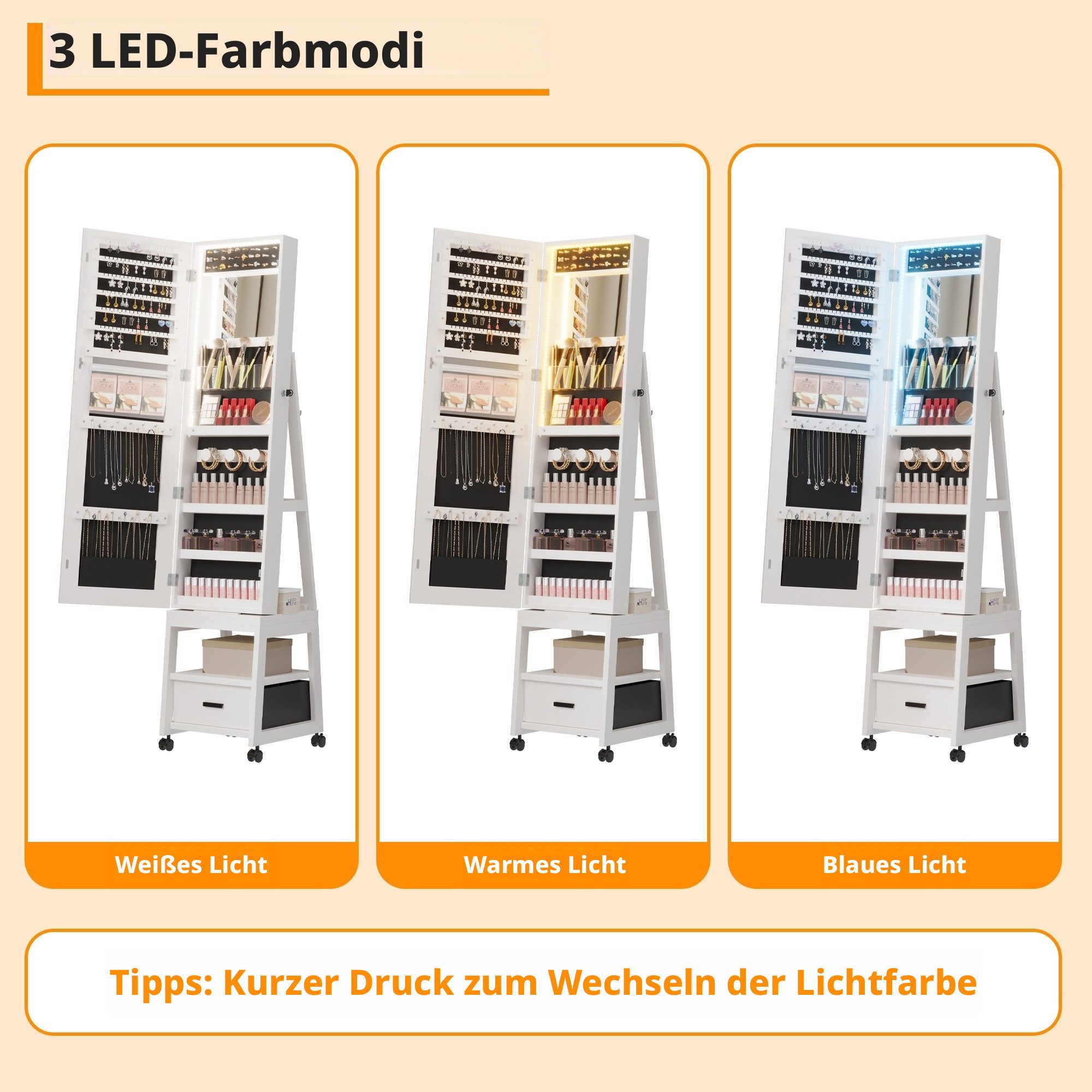 GarveeMore Schmuckschrank Großer Schmink- und Ganzkörperspiegel mit LED-Licht (3 Farben) (1-St) inkl. Sicherheitsschloss & 360° Rollen, 37×38×168 cm, weiß – Bild 4 von 5