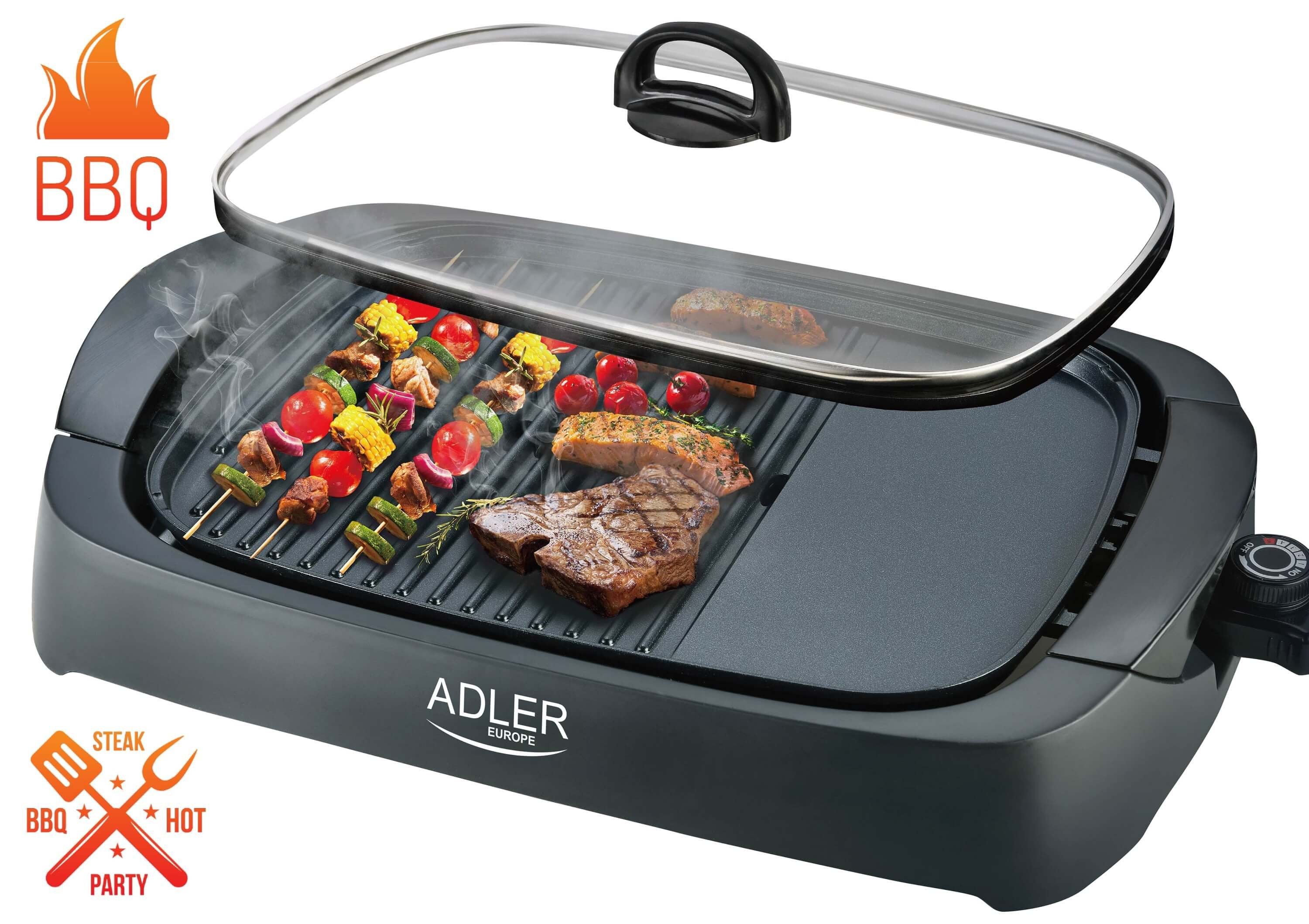 Adler Tischgrill AD-6610, 2200 W, Große Grillfläche, Antihaftbeschichtung, Glasdeckel, Stufenloser Temperaturregler, Überhitzungsschutz