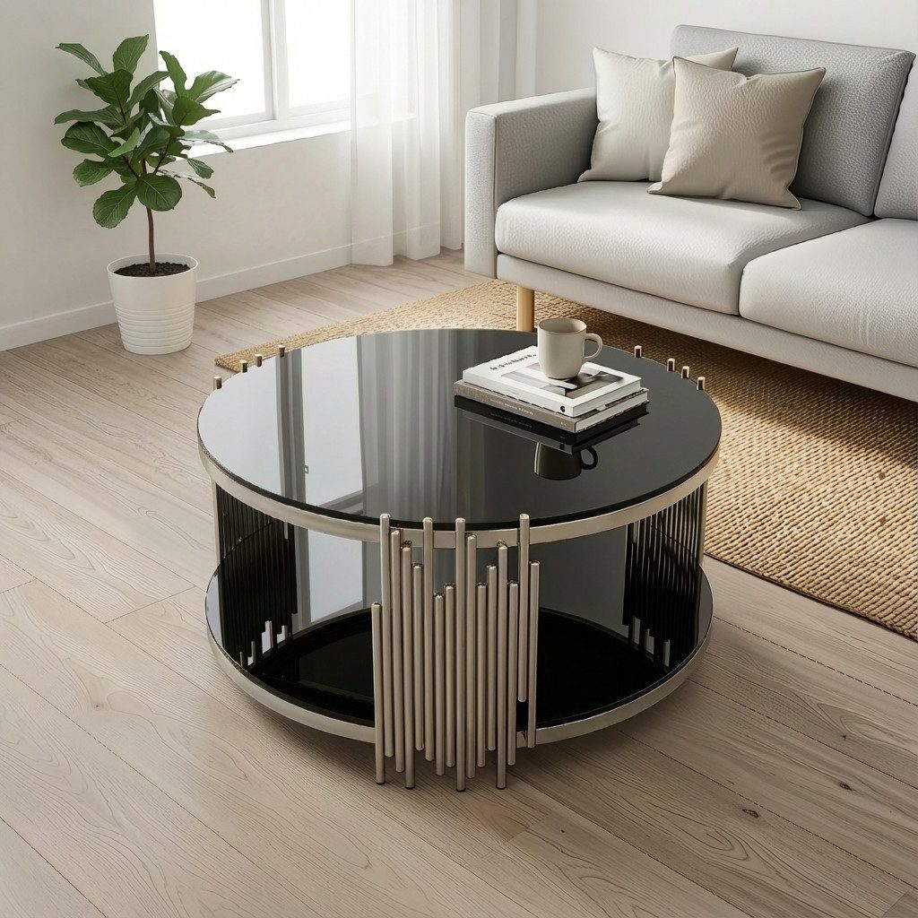 HAUSS SPOLE Couchtisch mit Edelstahlrahmen,Runder Kaffeetisch zwei Schichten,Schwarz+Silber, mit zweistufigem Aufbau und moderner Metallrahmenkonstruktion