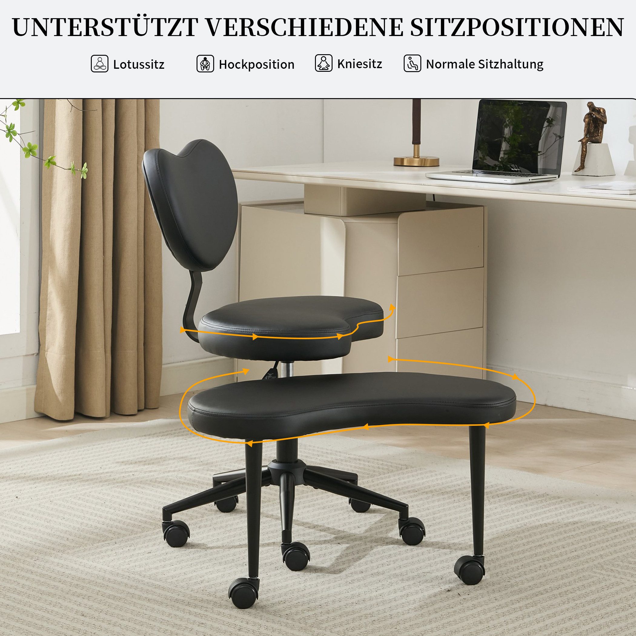 SeedWave Bürostuhl Höhenverstellbarer Kniestuhl Meditationsstuhl PU-Leder Drehstuhl, ideal für Schneidersitz, Lotussitz, Kniesitz, Hockposition
