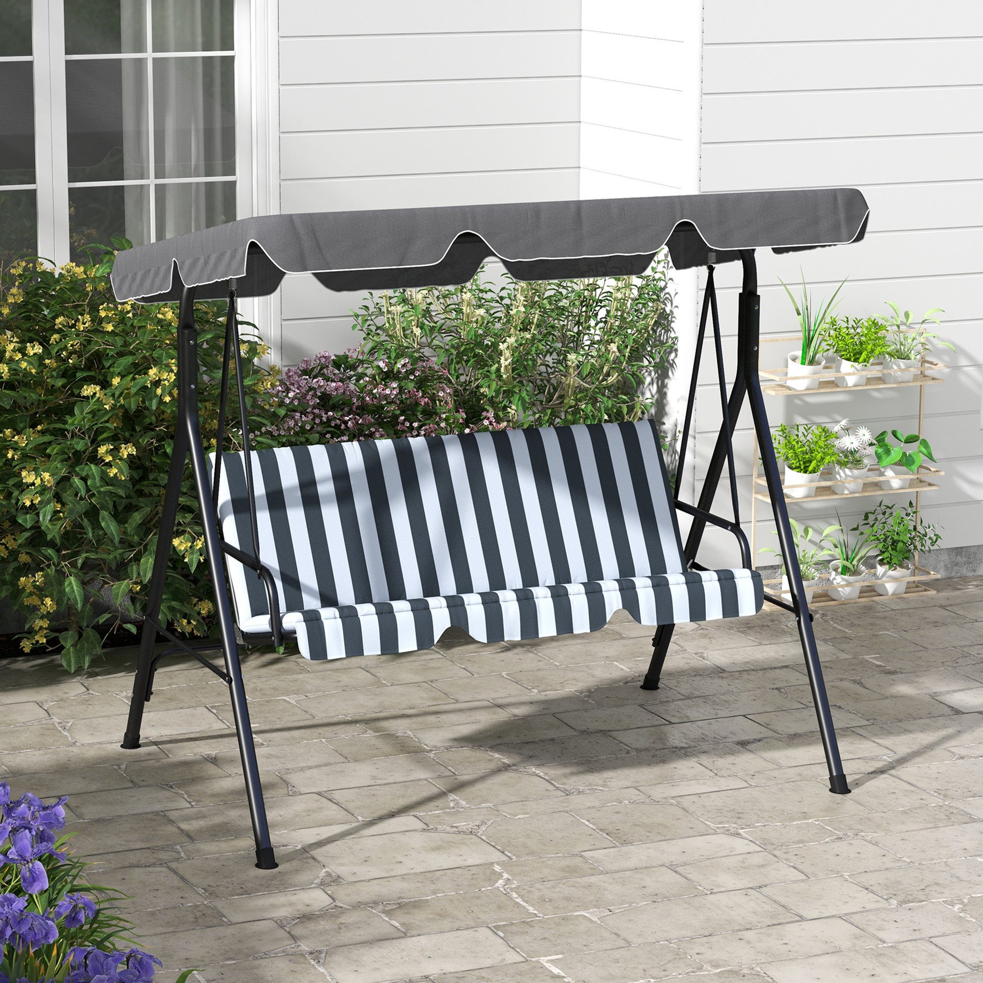 Outsunny Hollywoodschaukel Gartenschaukel, verstellbar, Schaukelbank belast bis 240 kg, 3-Sitzer, mit Sonnendach, 3-Sitzer Gartenschaukel, 1 tlg., Schaukelbank, für Garten, Terrasse, 172 x 110 x 153 cm, Grau+Weiß
