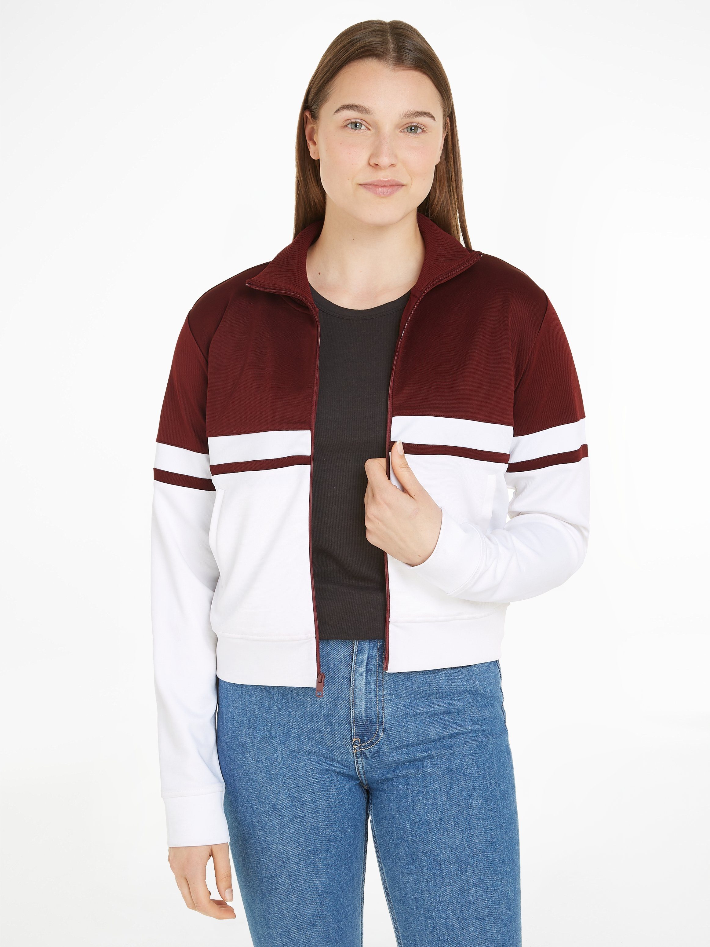 Tommy Hilfiger Sweatjacke BLOCKED STRIPE REG ZIPTHRU HWK mit Logostickerei Deep_Rouge