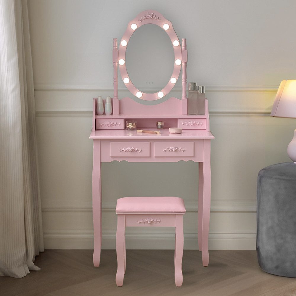 Aileenstore Schminktisch RUSTIKA, rosa, inkl. Hocker, dimmbare LED´s und Schubkästen